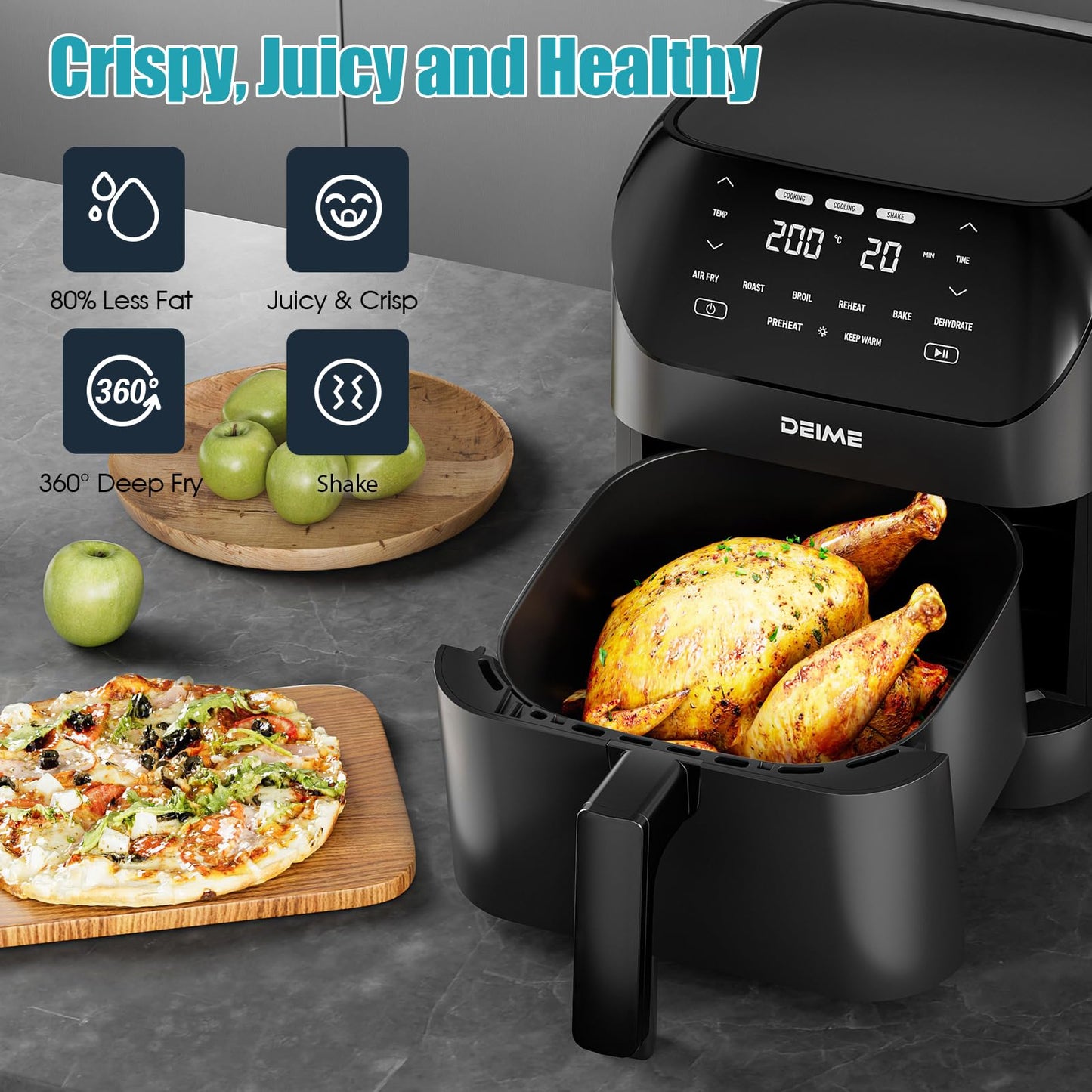 Air Fryer 6.2 QT Large Capacity Oilless Hot Air Fryers Oven 1500W Healthy Cooker with 8 Presets, Digital LCD Touch Screen, Non-Stick Basket, Included Recipe (Black-M)