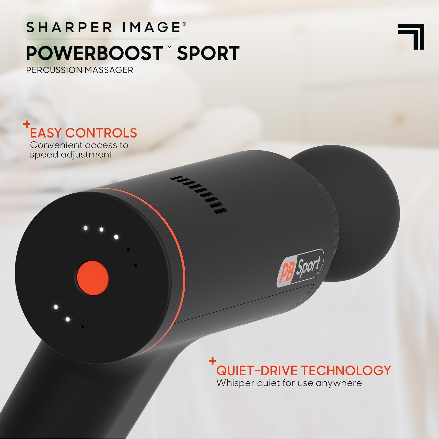 Sharper Image® Powerboost™ Sport Percussion Massager, Lightweight Portable Design with Quiet Drive Technology, Includes 3 Attachments