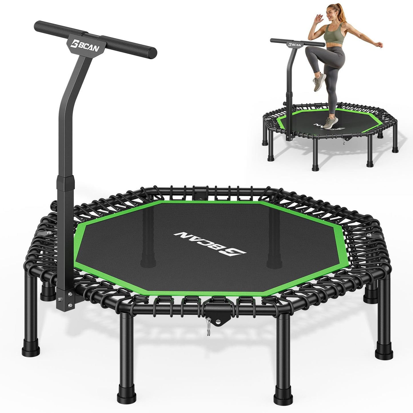 BCAN BT3 51" Octagonal Rebounder Trampoline for Adults, 450LBS Max Load Fitness Trampoline with Large Jumping Area, Silent Bungee Mini Trampoline with T-Adjustable Handle for Home Gym-Green