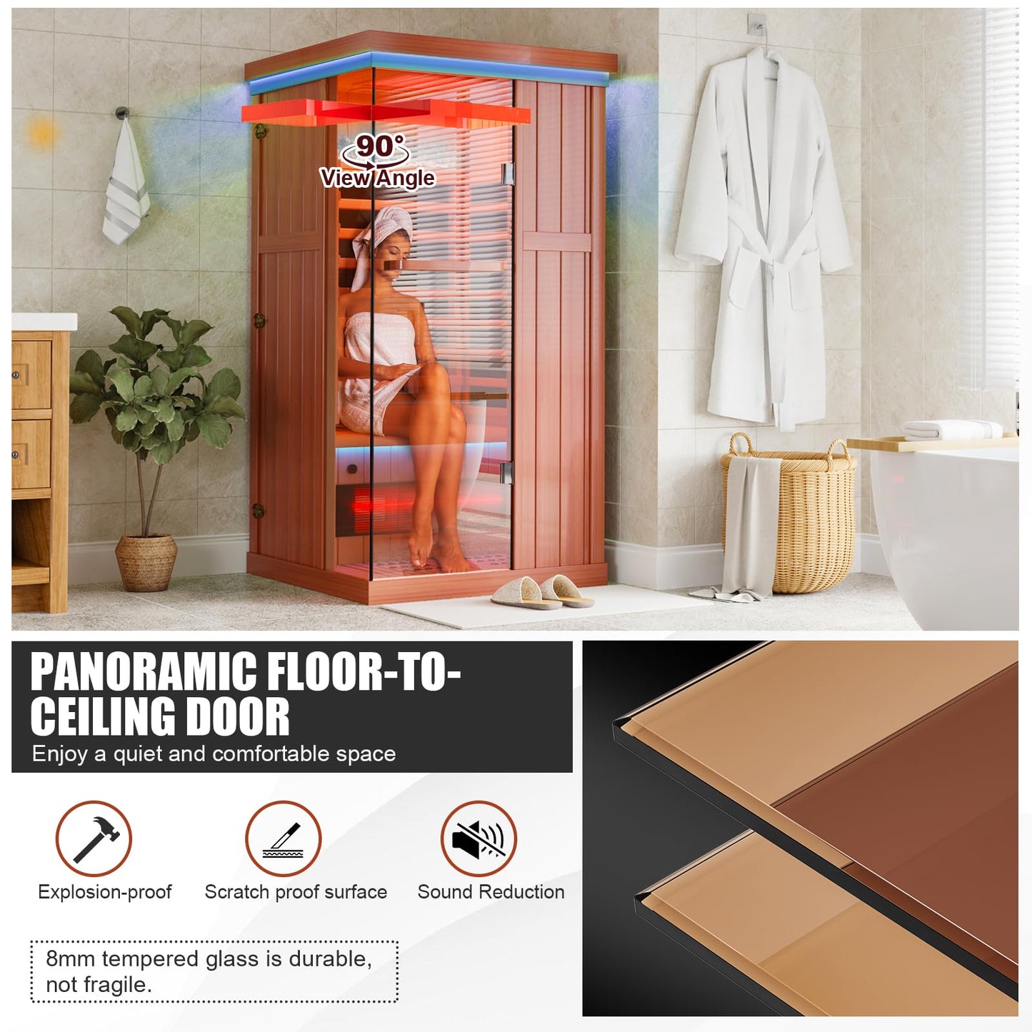MEISSALIVVE Full Spectrum Infrared Sauna，1 Person Home Sauna， Red Cedar Indoor Spa Sauna with Resonance Speaker and Tempered Glass