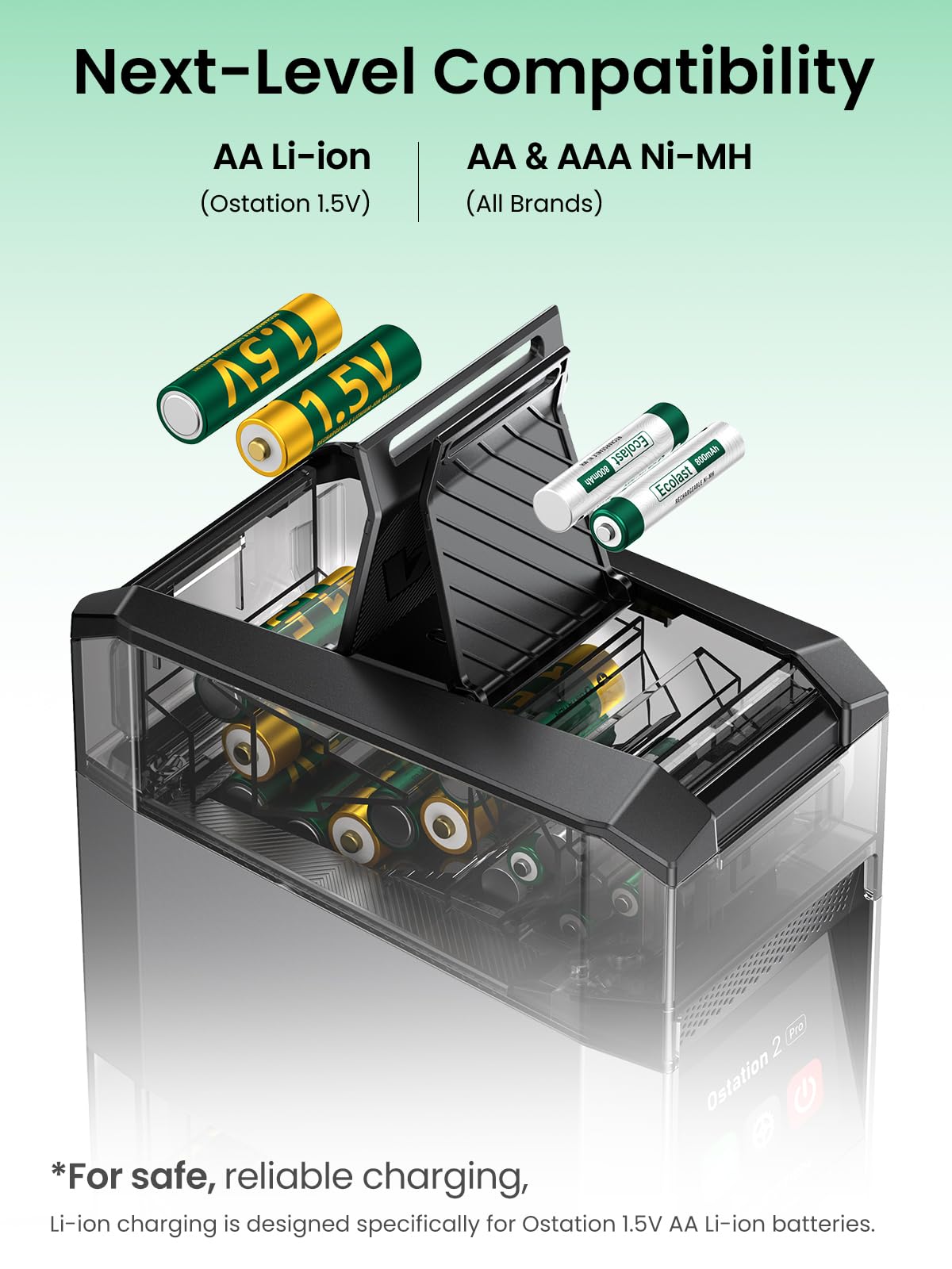 Ostation 2 AA AAA Rechargeable Battery Charger Charging Station, 3 in 1 Polarity-Free Charger Organizer for NiMH & Lithium, Auto-Sorts Good & Bad, App, Holds 24 Cells (w/12 AA Li-ion & 12 AAA NiMH)