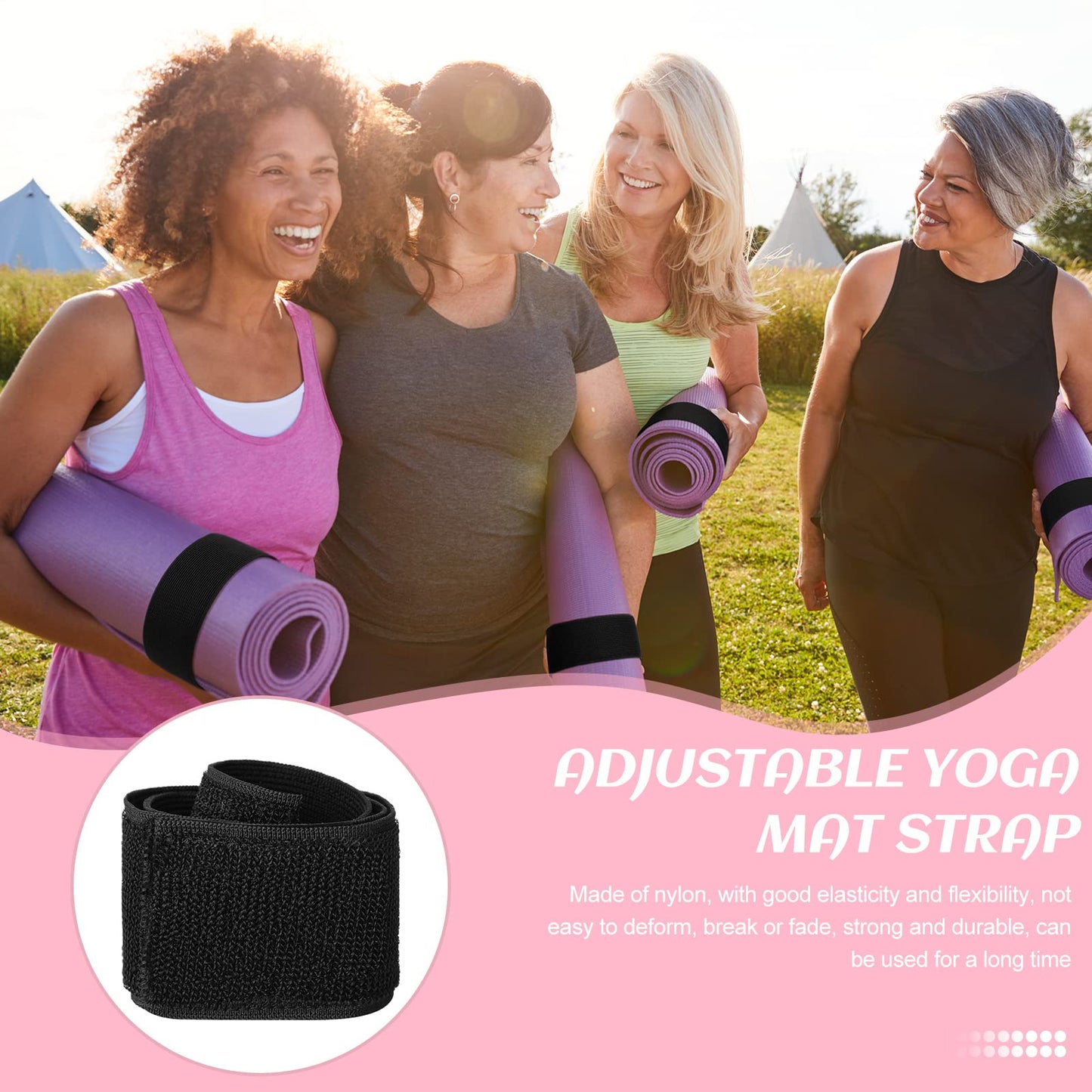 Honoson 4 Pcs Nylon Yoga Mat Strap Stretchable Holder Straps Heavy Duty Bungee Straps Band Adjustable Carrying Strap for Exercise Workout Pilates Yoga Mat Storage Gym, Black