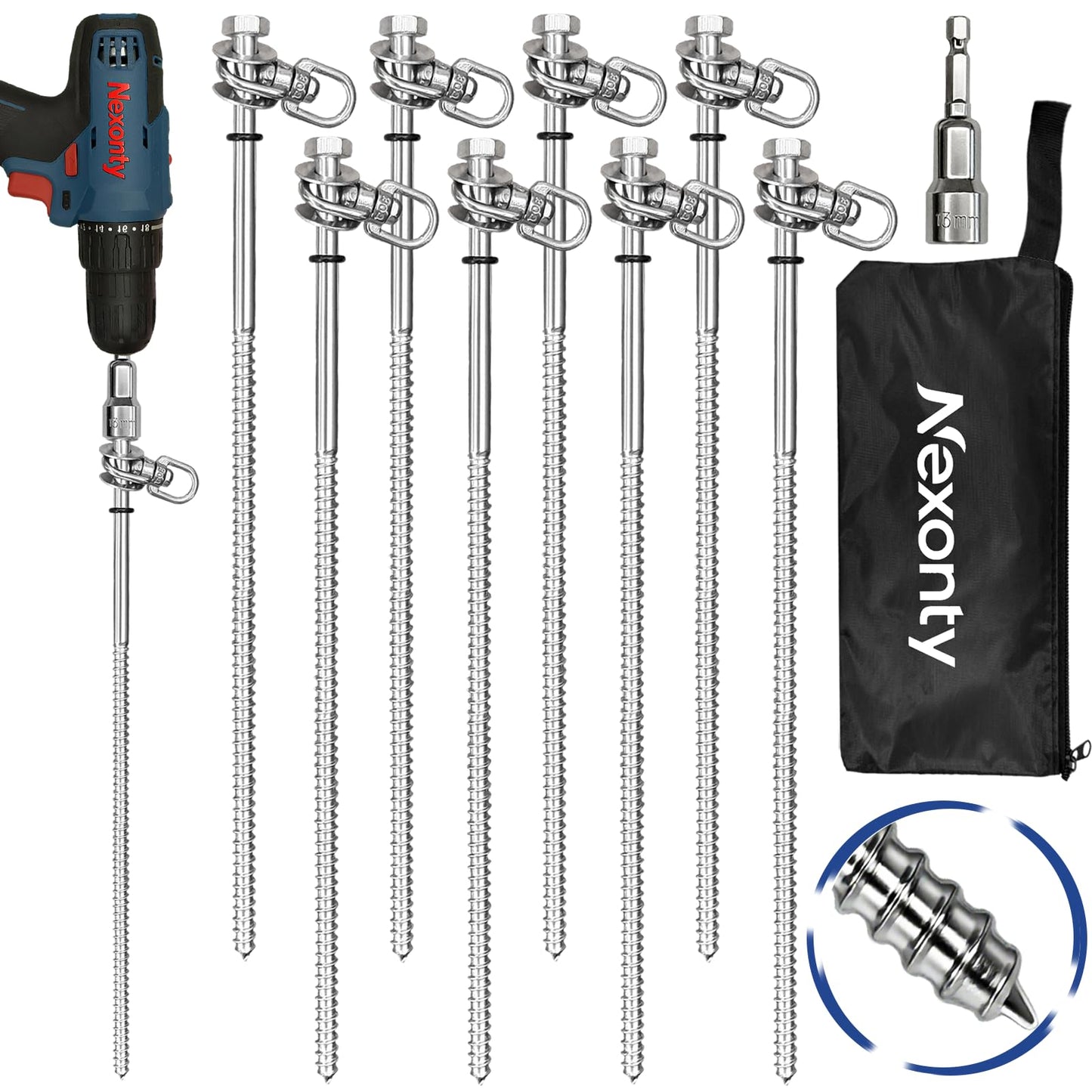 Nexonty 12 Inch Steel Screw in Tent Stakes,8 Pack Tent Stakes Heavy Duty,Ground Anchors Screw in,Trampoline Anchor Kit,Swing Set Anchors,Metal Threaded Camping Stakes with Hex Head Driver&Storage Bag