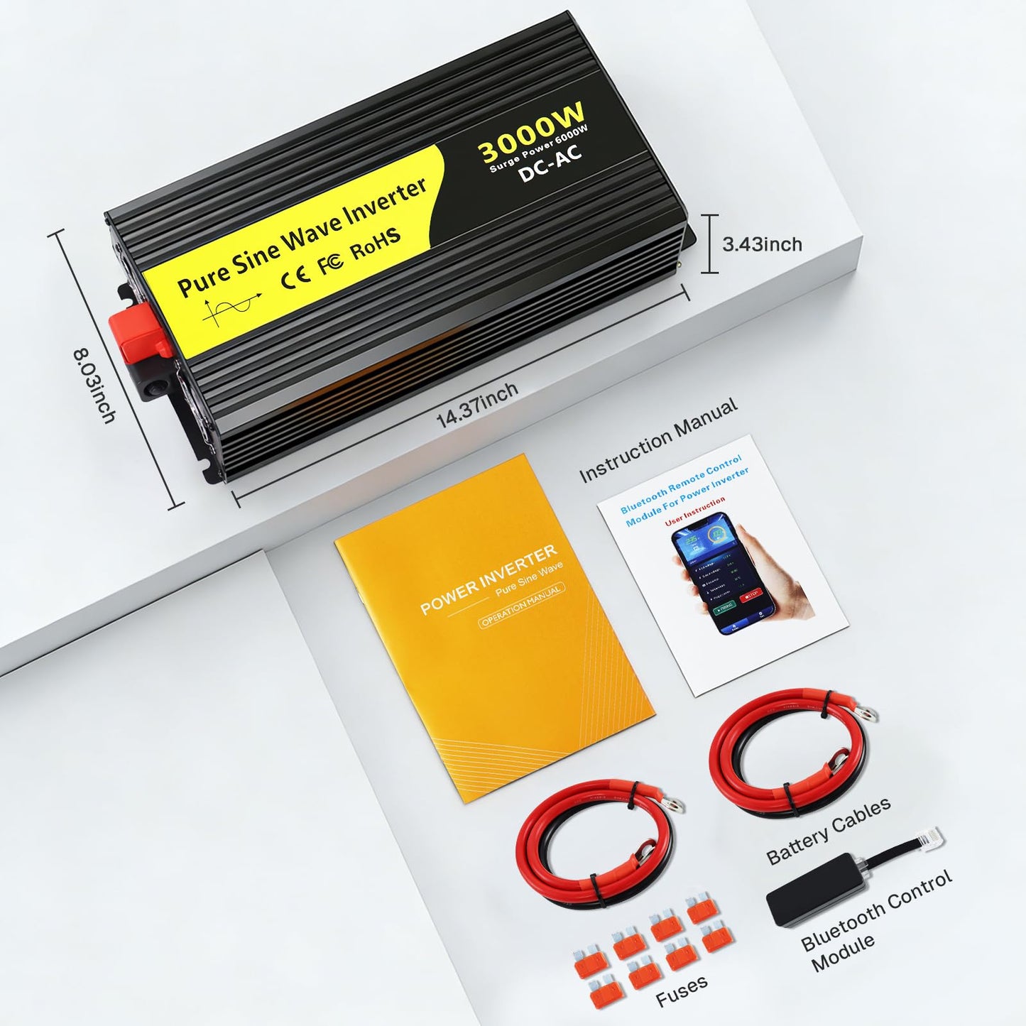 VOONKE 3000W Pure Sine Wave Inverter 12V DC to 120V AC,for Solar,for RV, Truck, Home, Camping,Power Inverter with Bluetooth APP Remote Control,LCD Display, 3 AC Outlets,USB Ports, Surge Power 6000W