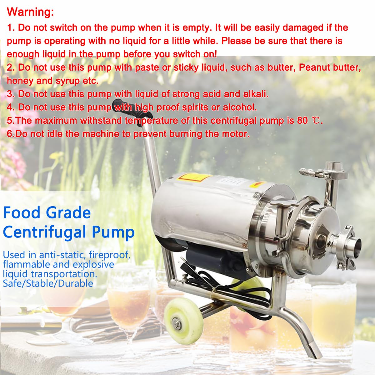 INTBUYING Food Grade Centrifugal Pump 304 Stainless Steel 3T Sanitary Beverage Pump Transfer for Liquid Mobile 110V/0.75KW