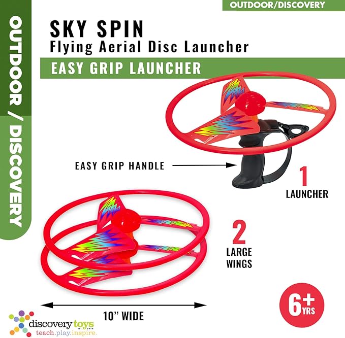 Discovery Toys Sky Spin Flying Aerial Disc Launcher | 2 Large Wings Kid-Powered Learning | STEM Toy Early Childhood Development 6 Years and Up | Summer Toy