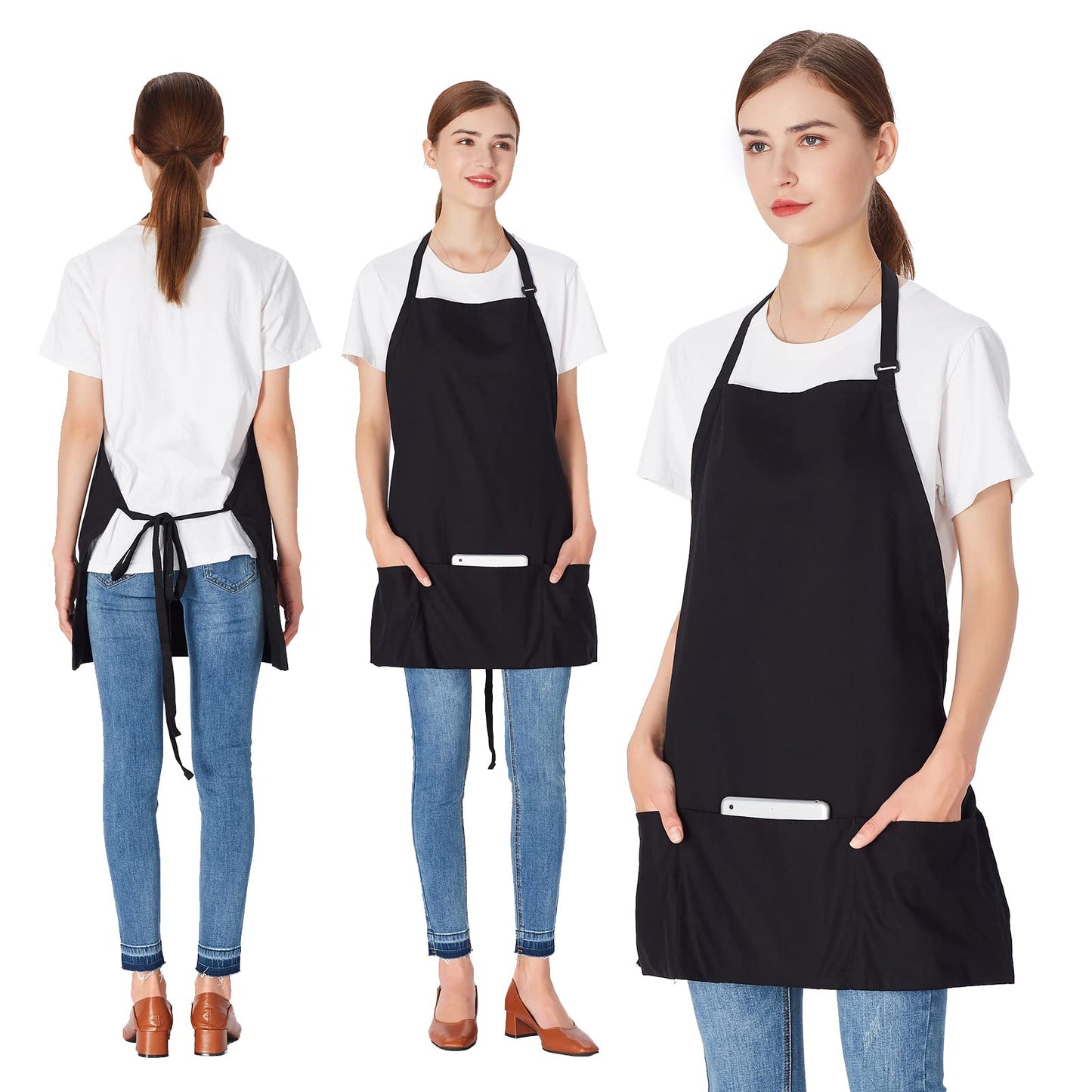 Jubatus 2 Pack 3 Pockets 100% Cotton Adjustable Bib Apron Chef Kitchen Cooking Aprons for Women Men, Black