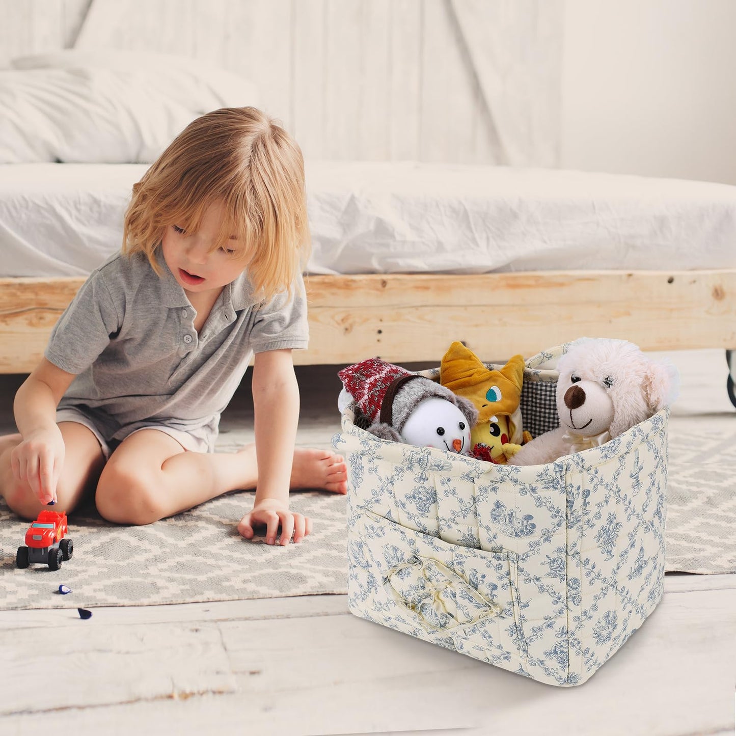 Storage Basket Boho Fabric Large Collapsible Floral Laundry Nursery Hamper Portable Folding Storage for Clothes Toys (Vine-Blue A)