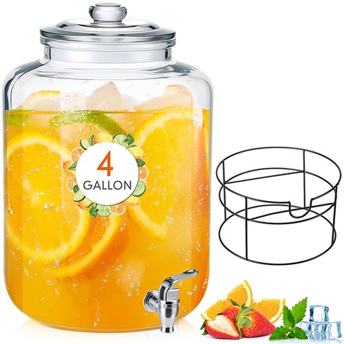 Honeydak 1 Pack 4 Gallon Glass Beverage Dispenser with Stand and Spigot Leakproof Glass Drink Beverage Storage for Valentine's Parties Mason Jar Dispenser with Lids