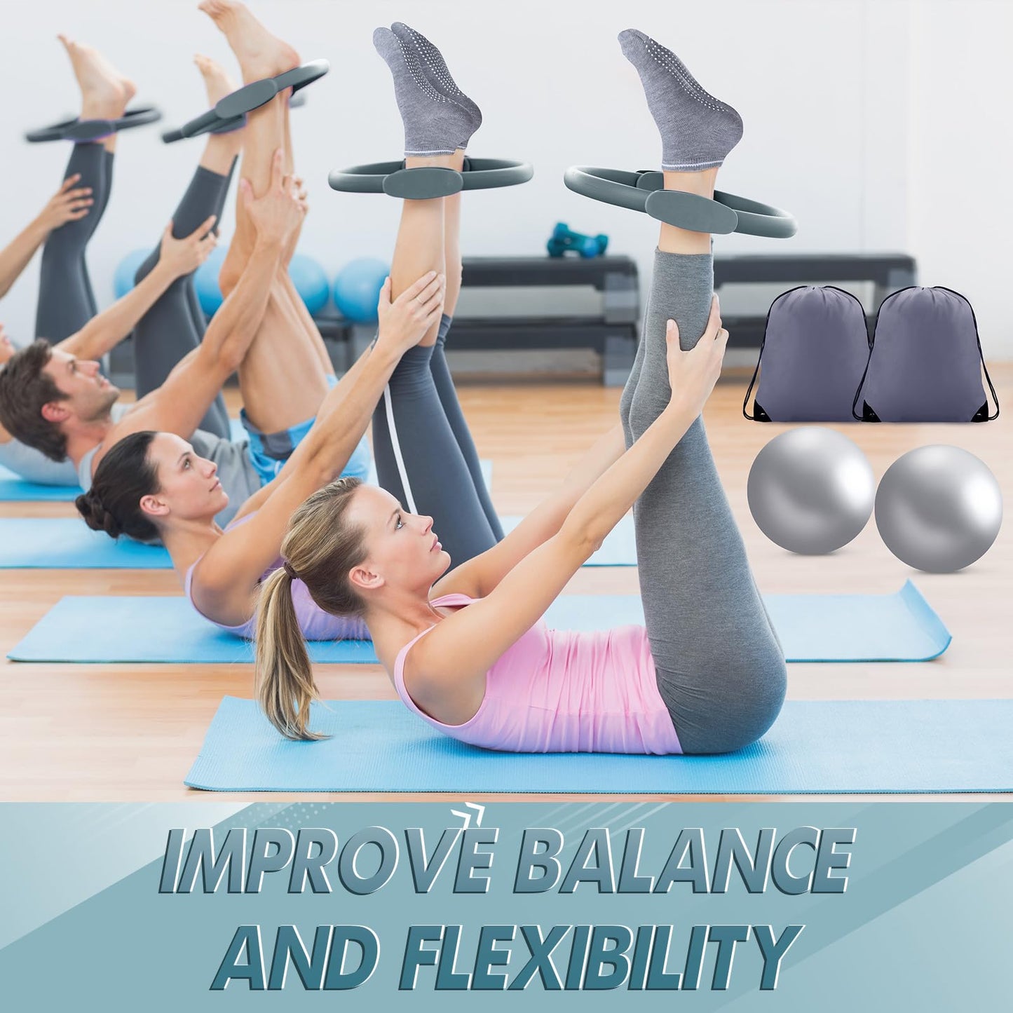 Poen 18 Pcs Home Pilates Ball and Ring Circle Set Yoga Fitness Essentials Kit with 5 Resistance Band Stretching Strap Non Slip Sock Ball Core Slider Wristband Headband Gym Bag for Women(Gray)