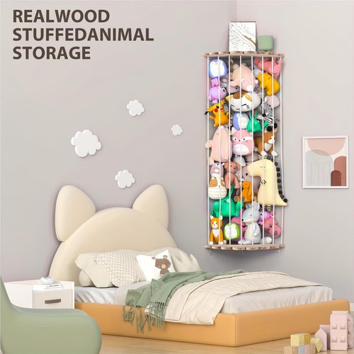 Blingbin Stuffed Animal Storage, Wood Corner Plush Toys Holder, Length Adjustable Hammock Hanging Stuffed Animal Toy Storage Organizer Shelf for Nursery Bedroom Kid Room Play Room