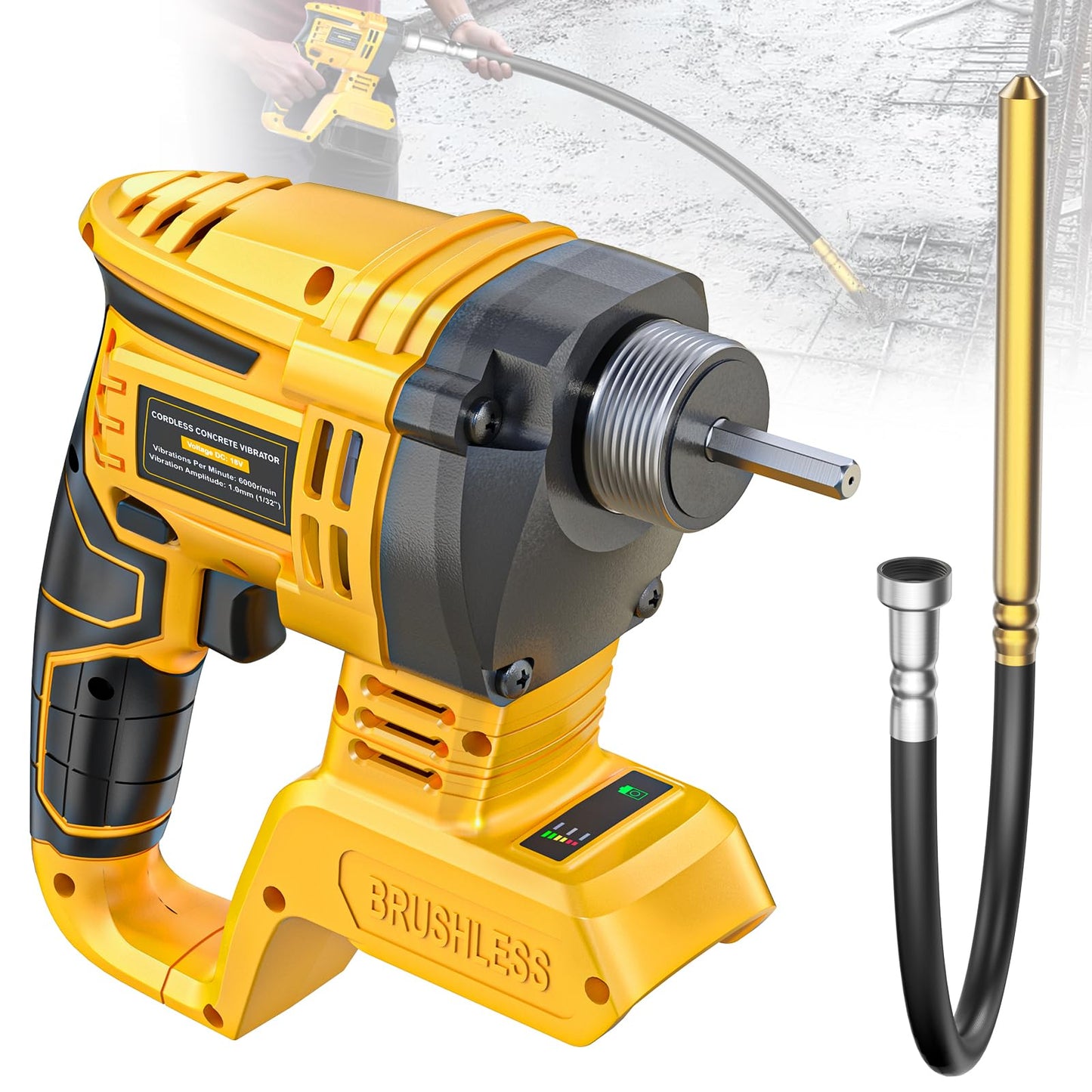 LIVOWALNY Handheld Concrete Vibrating Tool Compatible with Dewalt 20V Battery, 600W 6000RPM Cordless Electric Concrete Vibrator with 3.8ft Shaft Rod for Remove Air Bubble, Tool Only No Battery