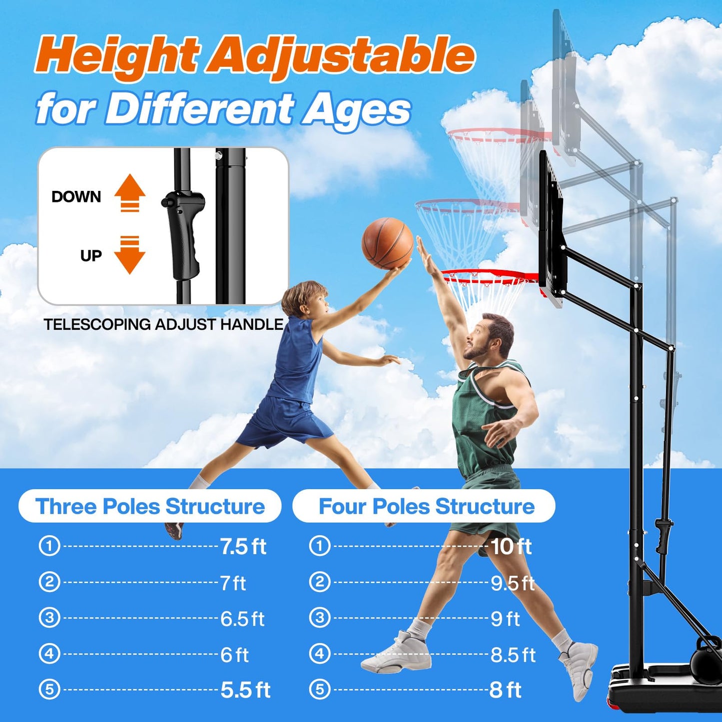 AWII SPORT Basketball Hoop Outdoor Protable 40 Inch Impact Backboard, 5.5-10FT Height Adjustable Basketball Hoop Goal System with Wheels for Adults (40inch Backboard)