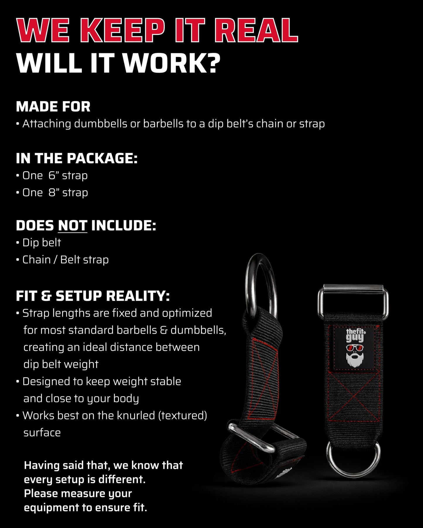 THEFITGUY Dumbbell & Barbell Loading Straps | Attachment Straps for Dips, Pullups, Squats | Ultra Strong, Heavy Duty & Secured | Attach any Dumbbell & Barbell to any Dip Belt | 8” & 6” Straps Included