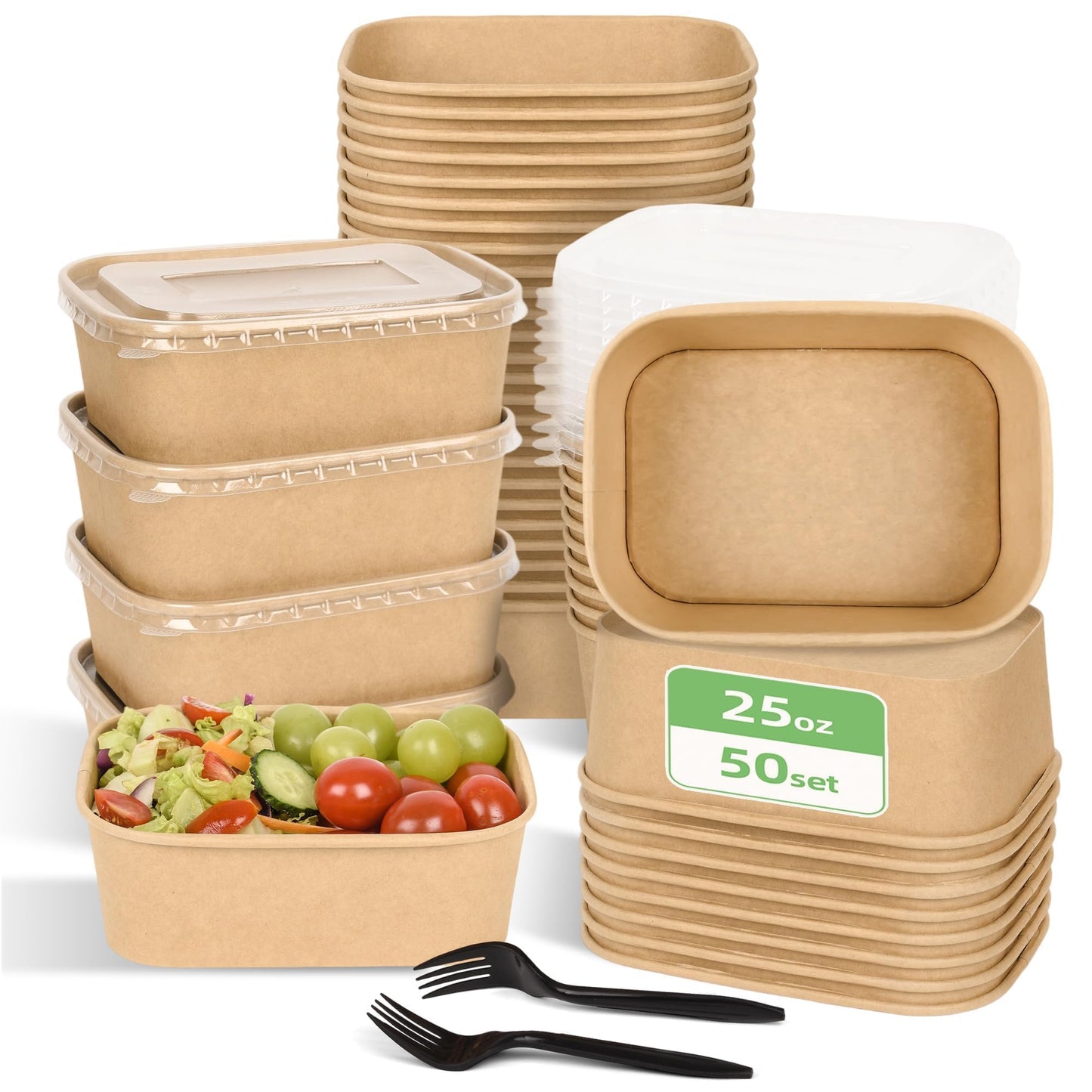 Peseojiar 50 Pack Disposable Meal Prep Containers, 25oz Disposable Large Paper Bowls with Lids and Forks for Salad, Noodles, Freezer and Microwavable Storage Use Cardboard Food Containers