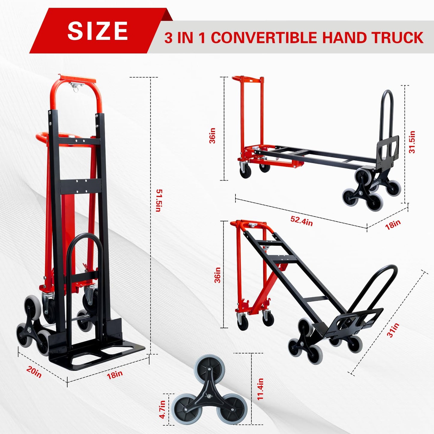 SOUTHHELP 3 in 1 Industrial Convertible Hand Truck Dolly,1000 LBS Capacity Stair Dolly,Stair Climbing Hand Trucks Heavy Duty with Solid Wheels for Moving,Transport in Warehouses,Factory(Red)