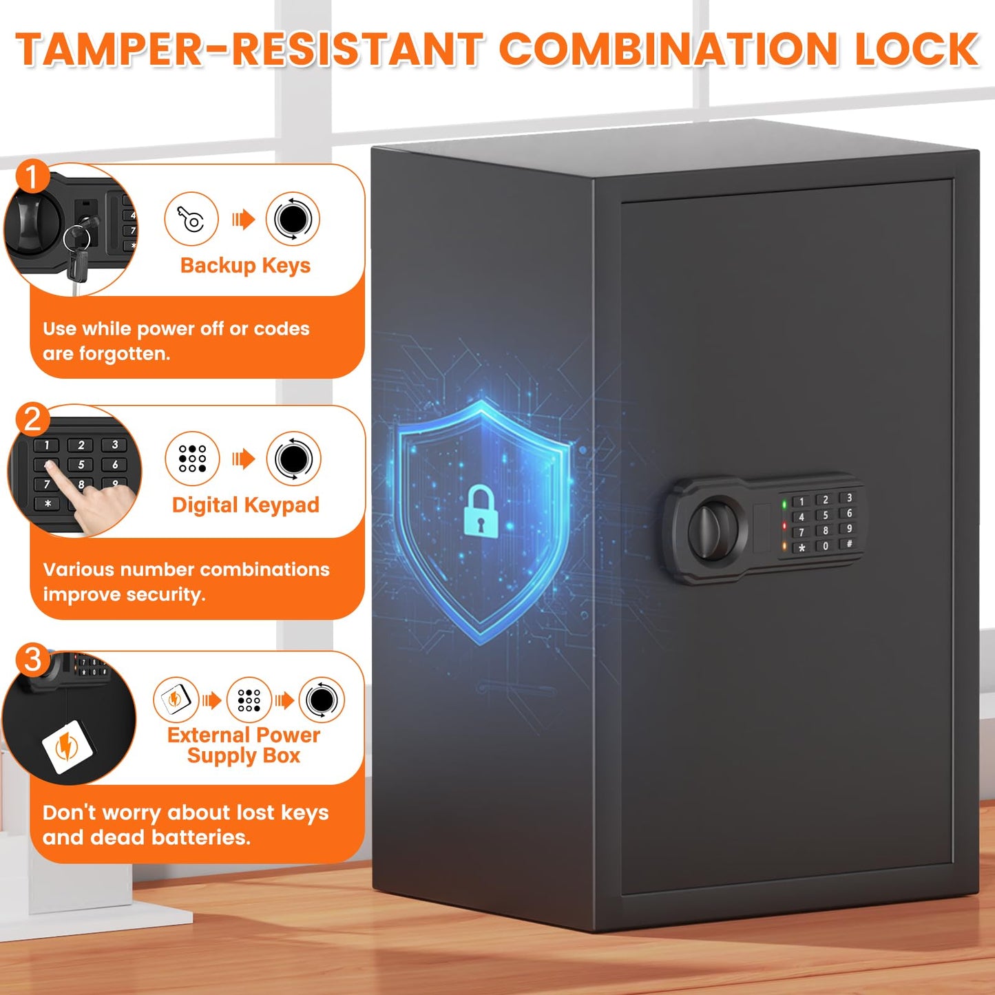 21.65"H Large Safe Box for Home, 3.8 cu ft Anti-Theft Safe with A4 Fireproof Bag, Steel Security Safe with Keypad Lock, Backup Keys, External Power Supply Box, Document Safe for Cash Medicine Document