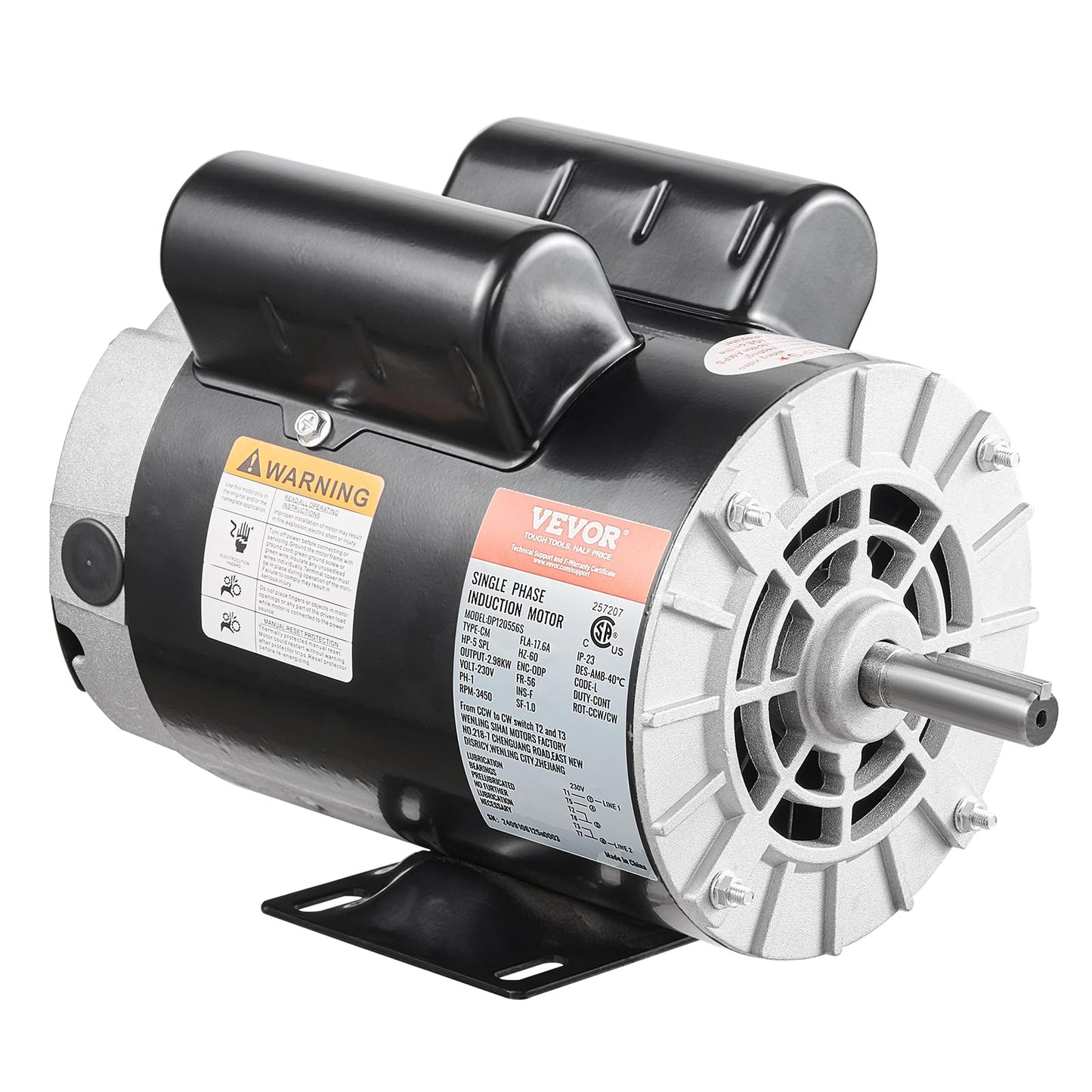 VEVOR 5HP SPL Air Compressor Electric Motor, 230V 17.6Amps, 56 Frame 3450RPM, 5/8" Keyed Shaft, 1.88" Shaft Length, Single Phase, CW/CCW Rotation (Factory Setting is CCW)
