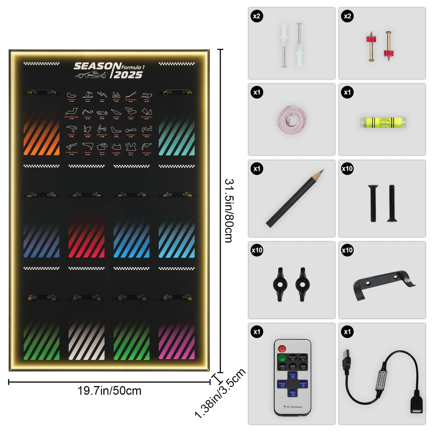 NAOCARD Display Wallboard with RGB LED Lights for Lego Speed Champions Race Car Collector's Pack,Wall Mount for 77242-77251 Collectible Model Car Kit (Car Not Included)