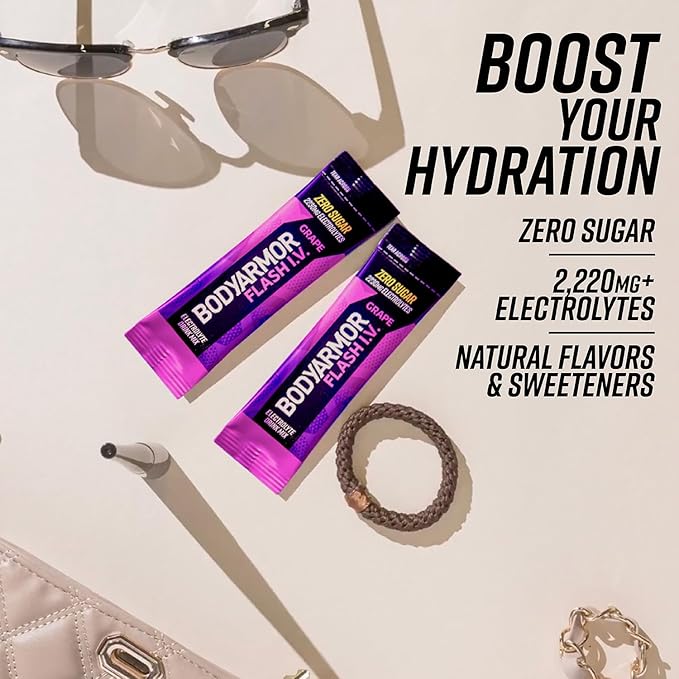 BODYARMOR Flash IV Electrolyte Packets, Grape - Zero Sugar Drink Mix, Single Serve Packs, Coconut Water Powder (6 Count)