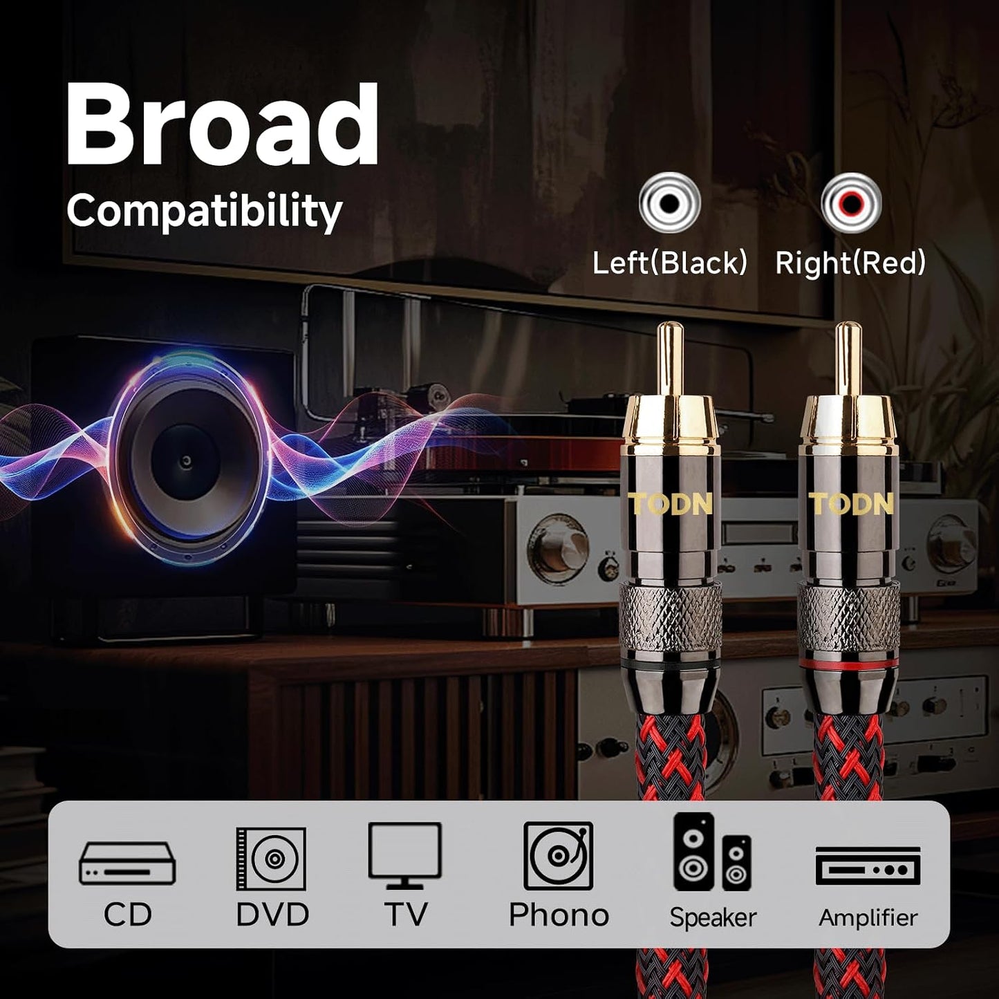 4-Core-OFC (1.64ft/0.5m, 1 TODN Audiophile RCA to RCA Audio Cable with Shielded RCA Stereo Cables for HiFi Home Theater