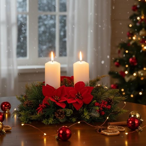 Kathfly 20" Christmas Poinsettia Centerpiece - Elegant Dining Table Decoration with Candle Holders & Red Flowers