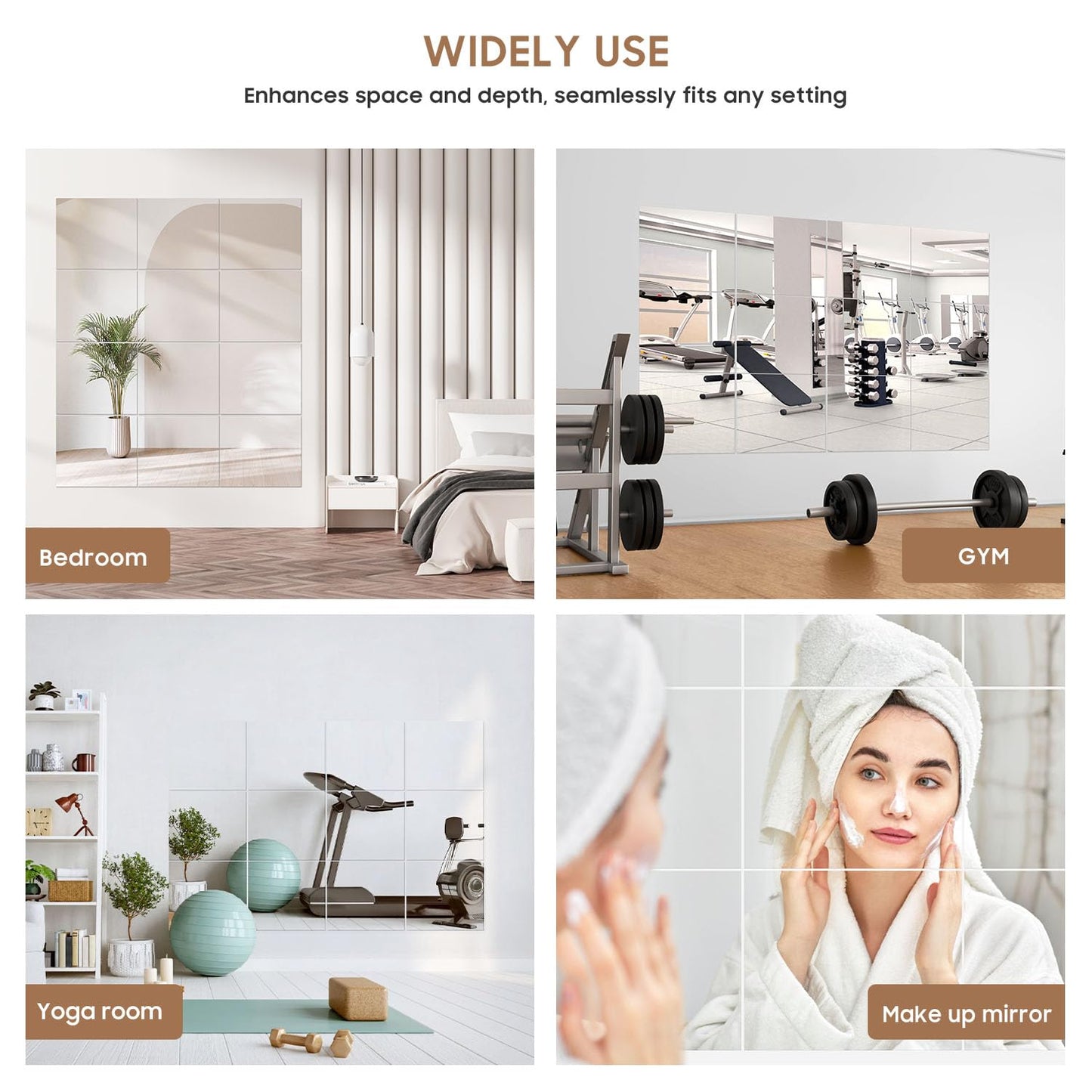 WRSION 12PCS 14"x12" Home Gym Mirror, Wall Mirrors Decorative Shatterproof Self Adhesive Glass Mirror Tiles for Gym, Bedroom, Bathroom, Living Room