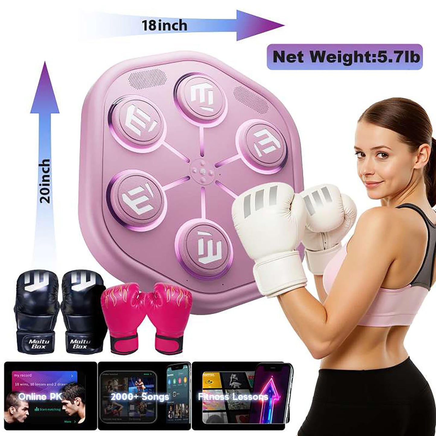Maitu Smart Music Boxing Machine, Punching Machine with Synced LED Lights, Stereo Sound and APP Control, Wall Mounted Punching for Women, Home Gym Boxing Workout Equipment (M5-Pink)