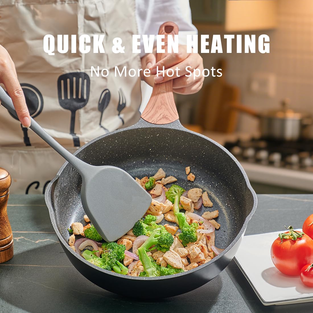 SC Cooker Frying Pans Nonstick With Lid, 11 Inches Granite Nonstick Frying Pan With Pour Spout, Last Longer Omelette Pan, Skillet With Lid, Non Toxic,Pb,Cd PFOA Free (Black, 11 inches)