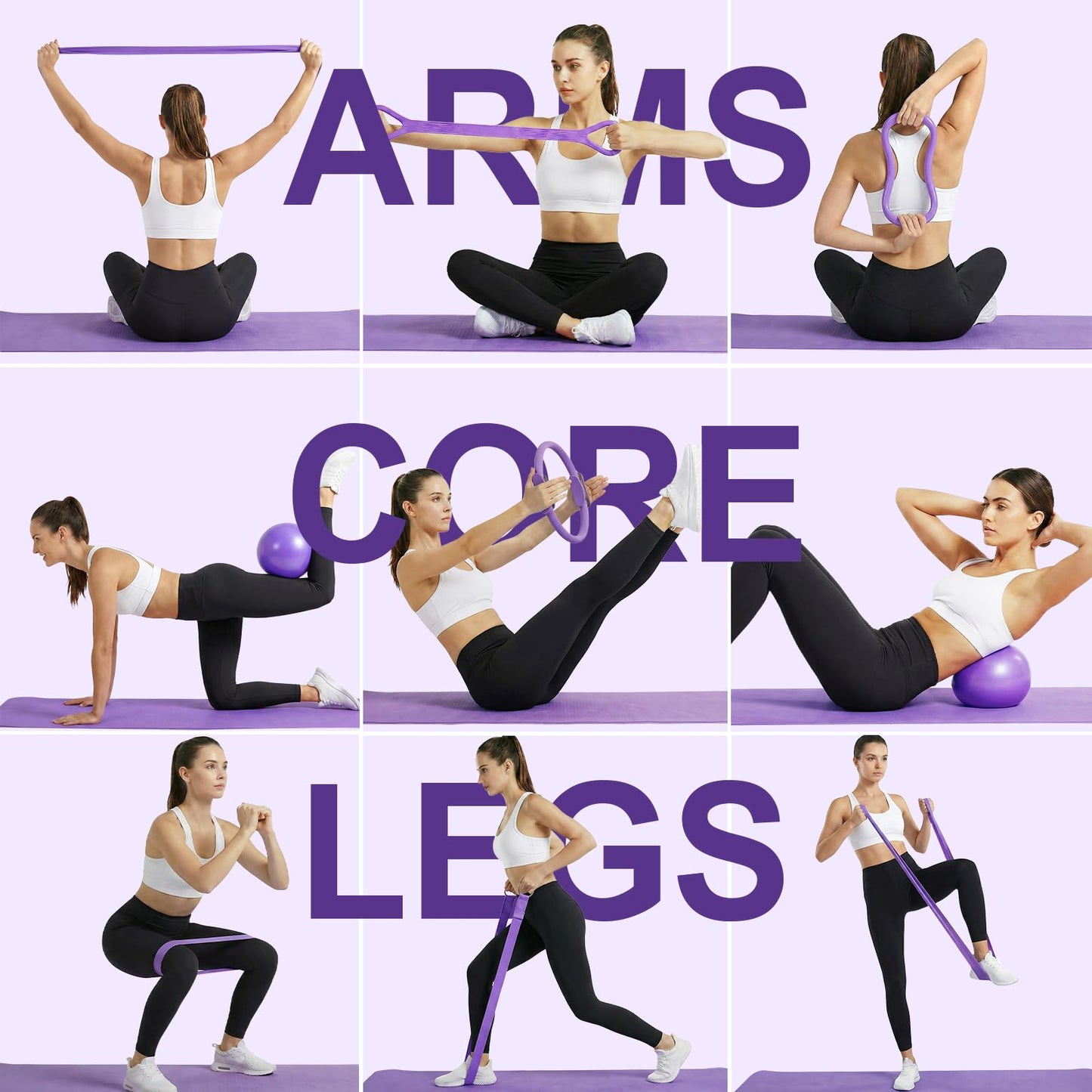 ElaraFit 13 Piece Pilates Kit for Women, Home Pilates Ring and Ball Set with 5 Resistance Bands, Stretch Strap, Arm Exerciser, Grip Socks, Storage Bag and Workout Guide, 13 Inch Magic Circle, Purple