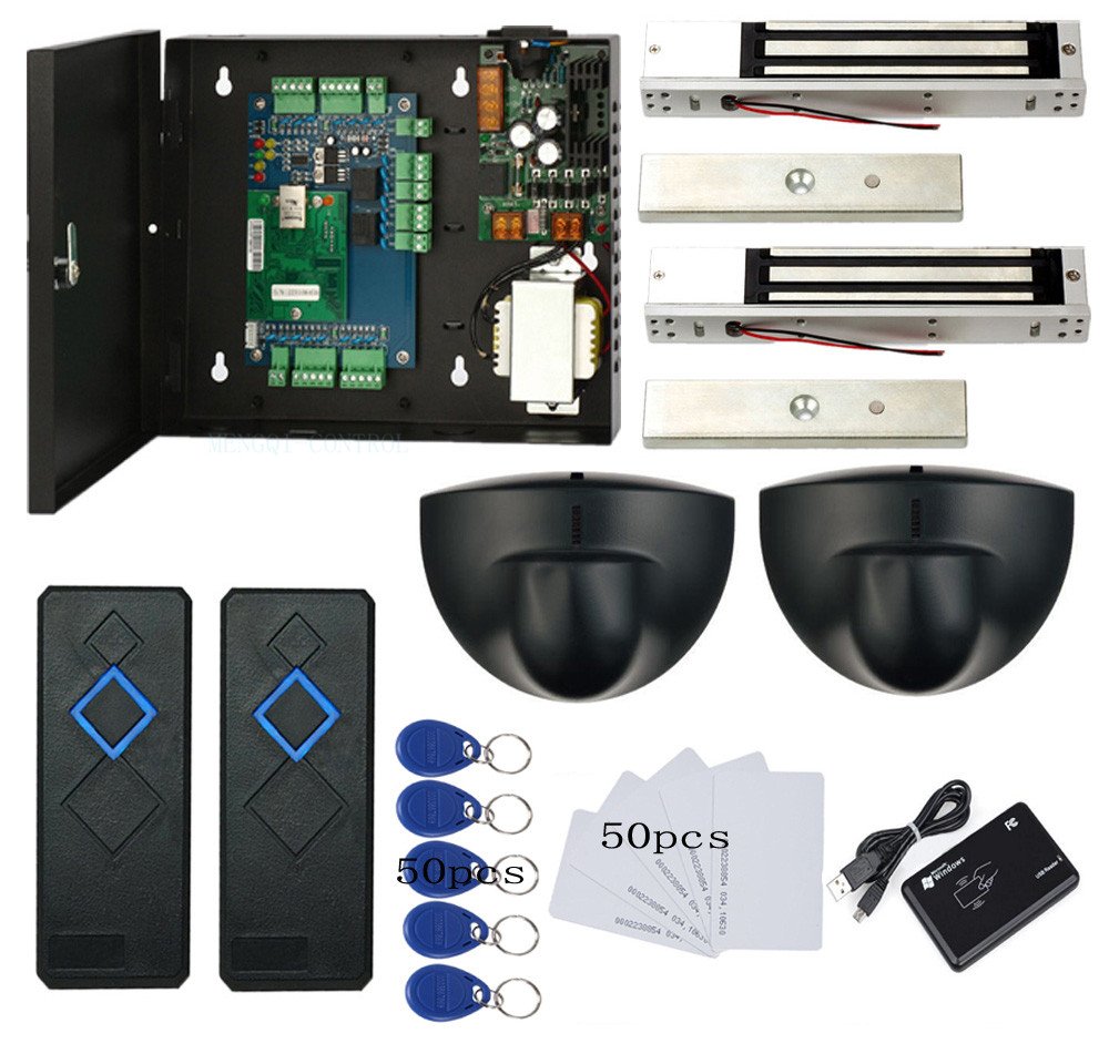 MENGQI-CONTROL TCPIP 2 Doors Magnetic Lock(600LBS) Access Control Systems Request to Exit Detector Motion Sensor 110V Metal Power Supply Box+Card & Fobs