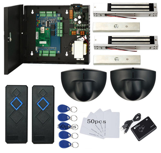 MENGQI-CONTROL TCPIP 2 Doors Magnetic Lock(600LBS) Access Control Systems Request to Exit Detector Motion Sensor 110V Metal Power Supply Box+Card & Fobs