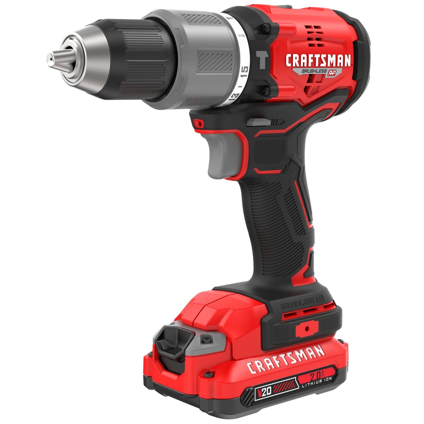CRAFTSMAN V20 Cordless Hammer Drill Kit, 1/2 inch, 2 Batteries and Charger Included (CMCD732D2), Black