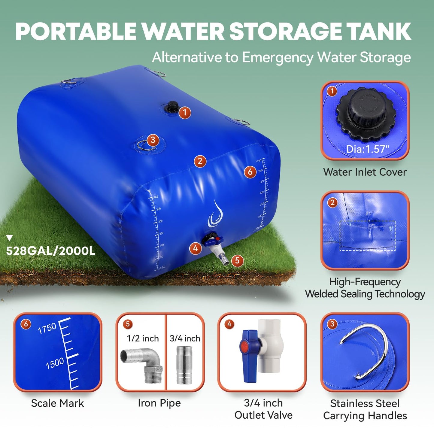 LANUEVA 528 Gal/2000L Portable Water Storage Bladder, 1000D PVC Foldable Water Tank with Spigots and Overflow Kit, Water Storage Containers for Emergency Water, RV, Irrigation&Camping (Blue, 2000L)