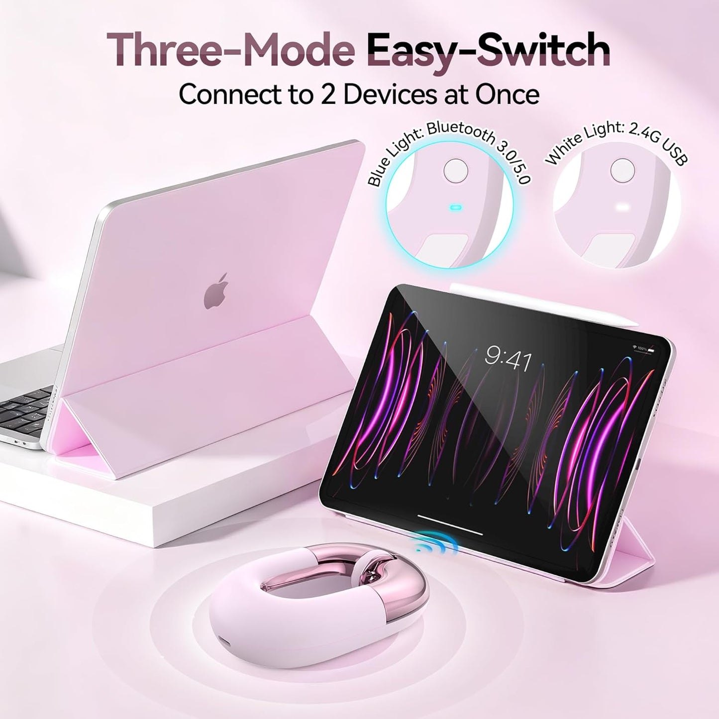 FOPATO 2.4G, 1200 Travel Mouse, Pink Wireless Mouse, Dual Mode Bluetooth & Rechargeable Silent Portable Mouse, Cute