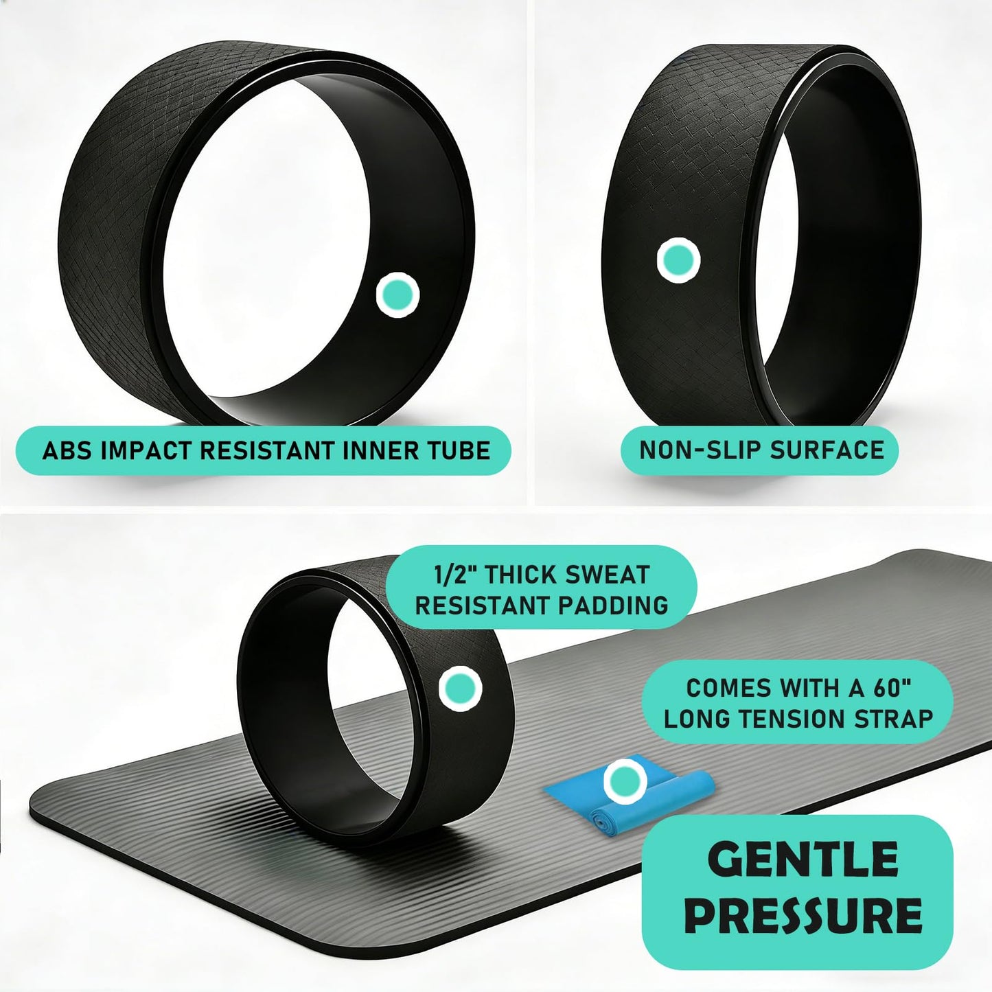 NGT 13 inch Yoga Wheel for Back Pain Strongest and Most Comfortable Dharma Yoga Prop Wheel with Free Bands (black-black)