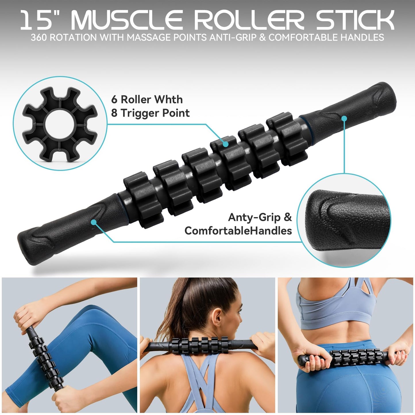 Krightlink 5-in-1 Foam Roller Set, Massage Roller Stick, Massage Ball, Resistance Band for Deep Muscle Massage, Trigger Point Release, Pilates, Yoga (Black-18(5 in 1))