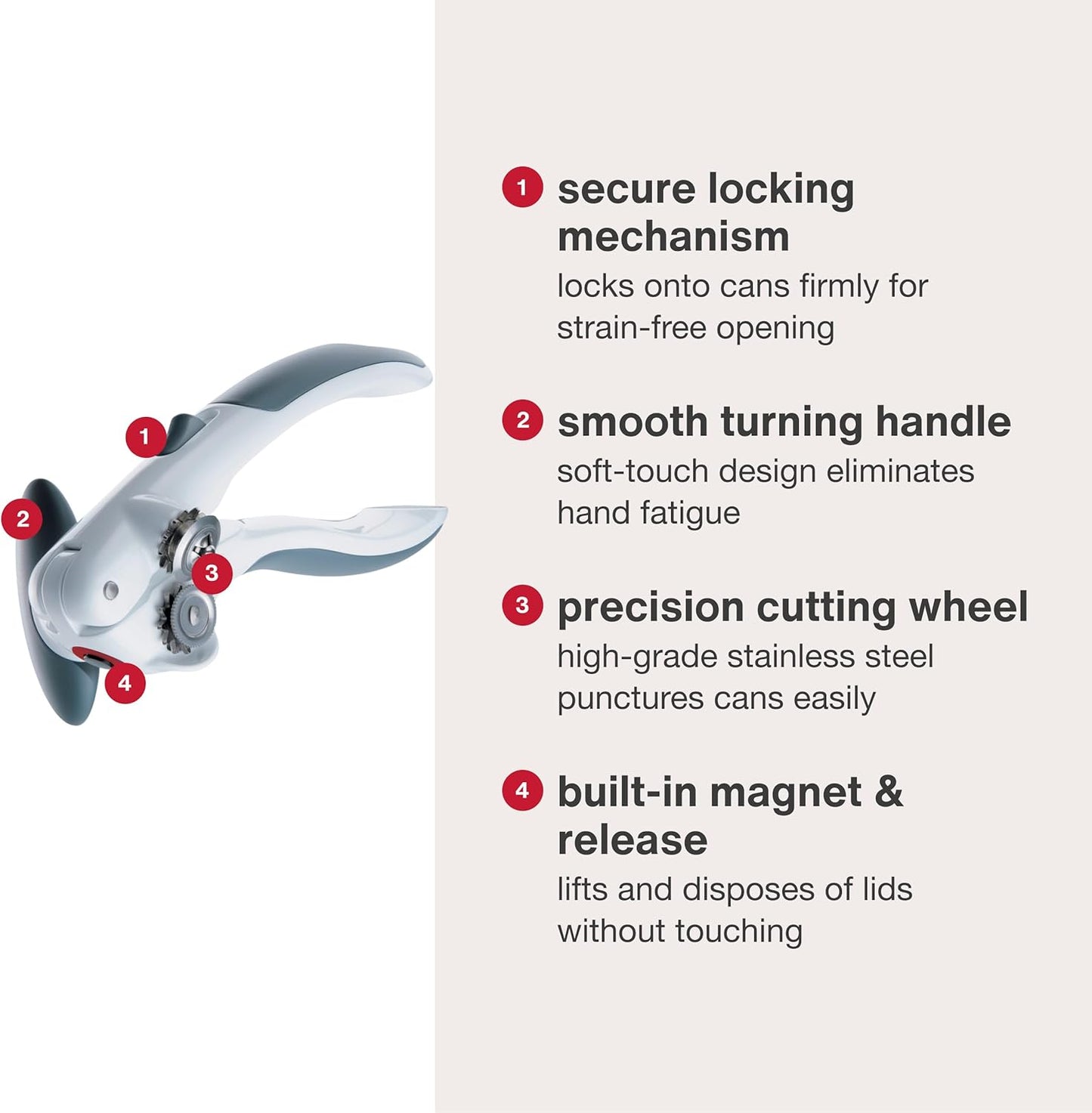 Zyliss Lock N' Lift Can Opener - Easy Manual Opener with Magnetic Lid Lifter - White/Gray