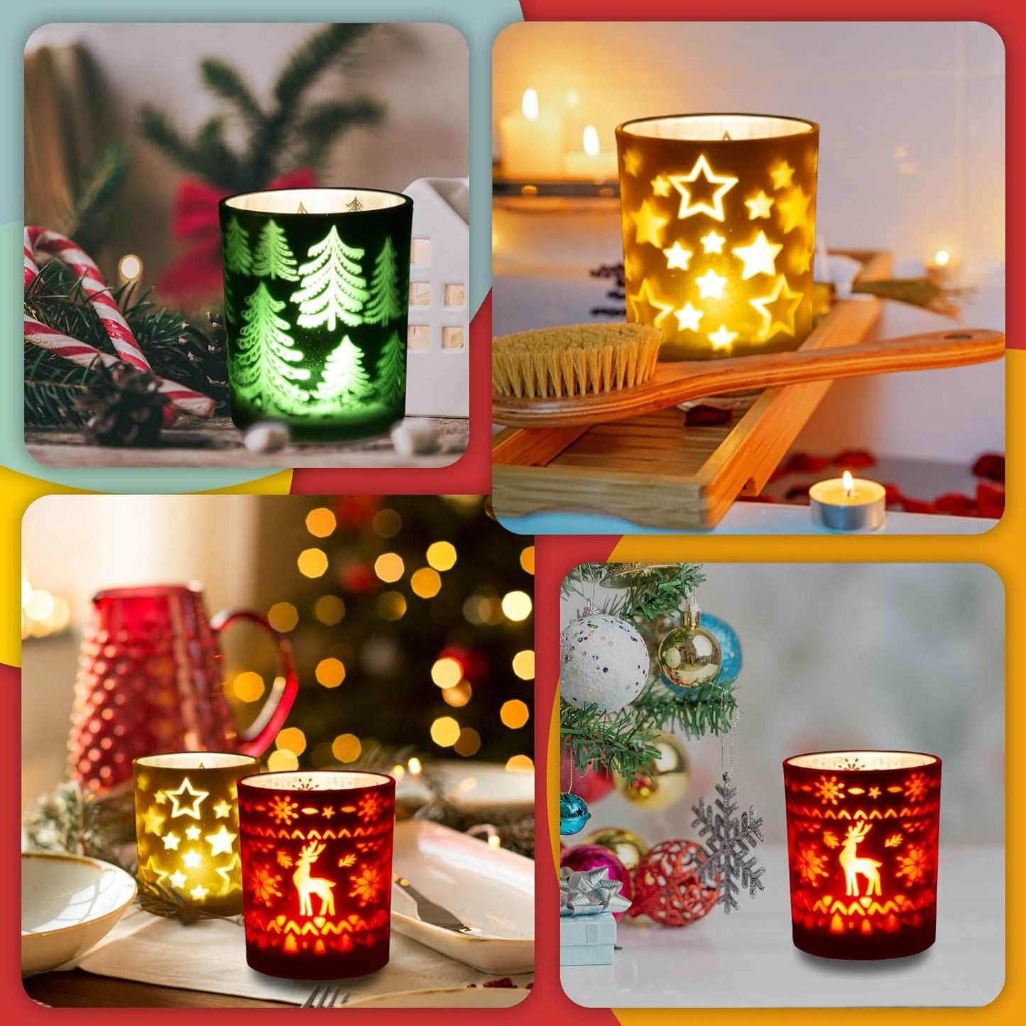 Rancco Tealight Candle Holders - Festive Indoor Xmas Decor | Elk, Christmas Tree & Stars Designs, 3.3x2.6in