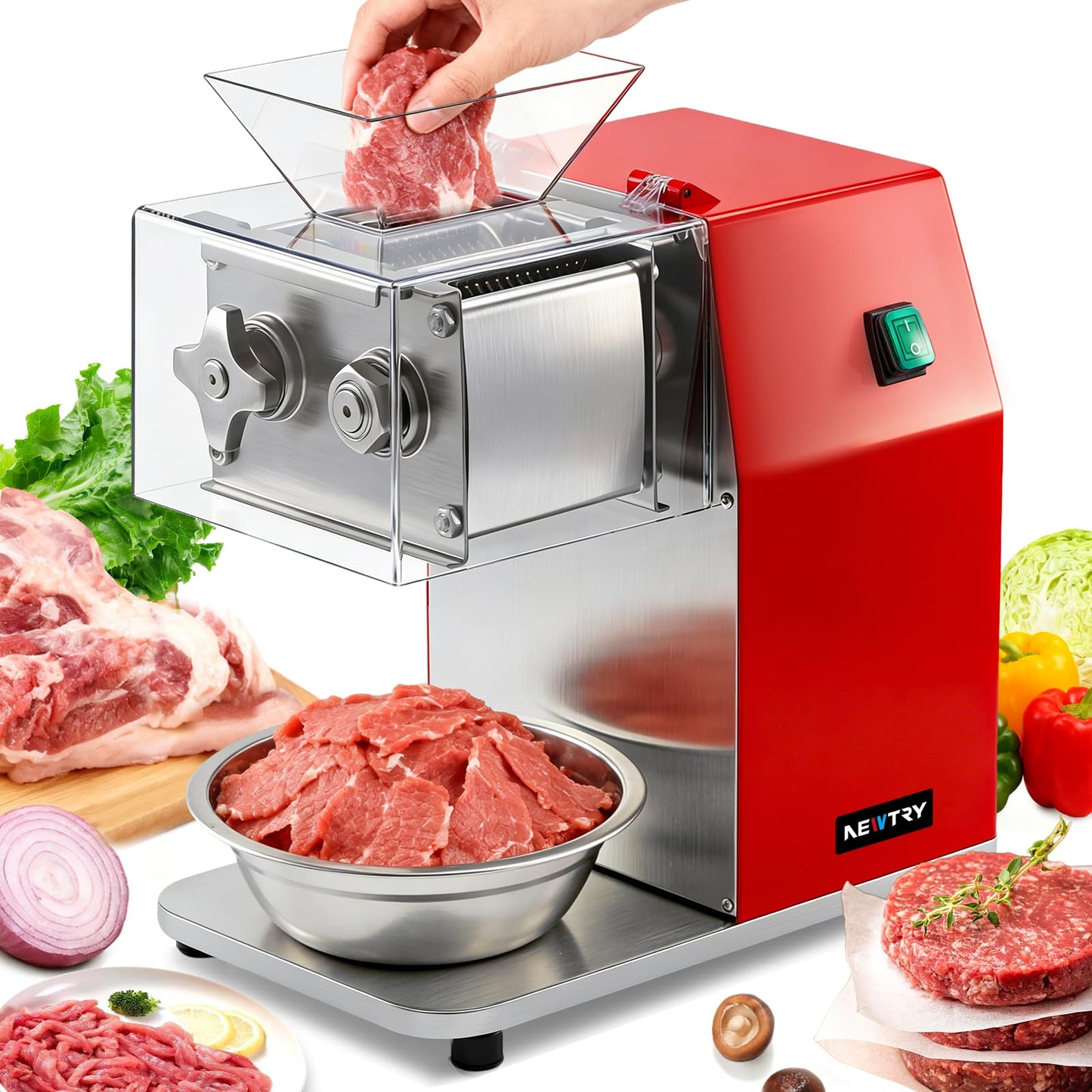 NEWTRY 850W 3 in 1 Commercial Meat Cutter, Electric Meat Slicer Shredder Machine with 5mm Blade 330lb/h Automatic Meat Processor for Boneless Meat & Soft Vegetables 110volt (5mm)