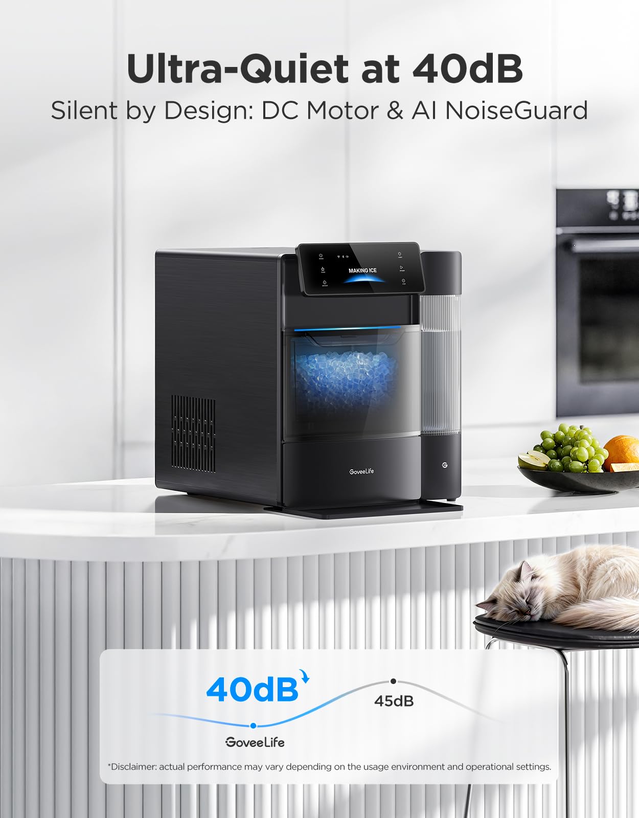GoveeLife Smart Nugget Ice Maker Pro, 60lbs Daily, 6-Minute First Ice, 40dB Ultra-Quiet with AI NoiseGuard, App & Voice Control, Self-Clean, 3.5lbs Basket & Dual Water Tanks, for Home Kitchen, Party
