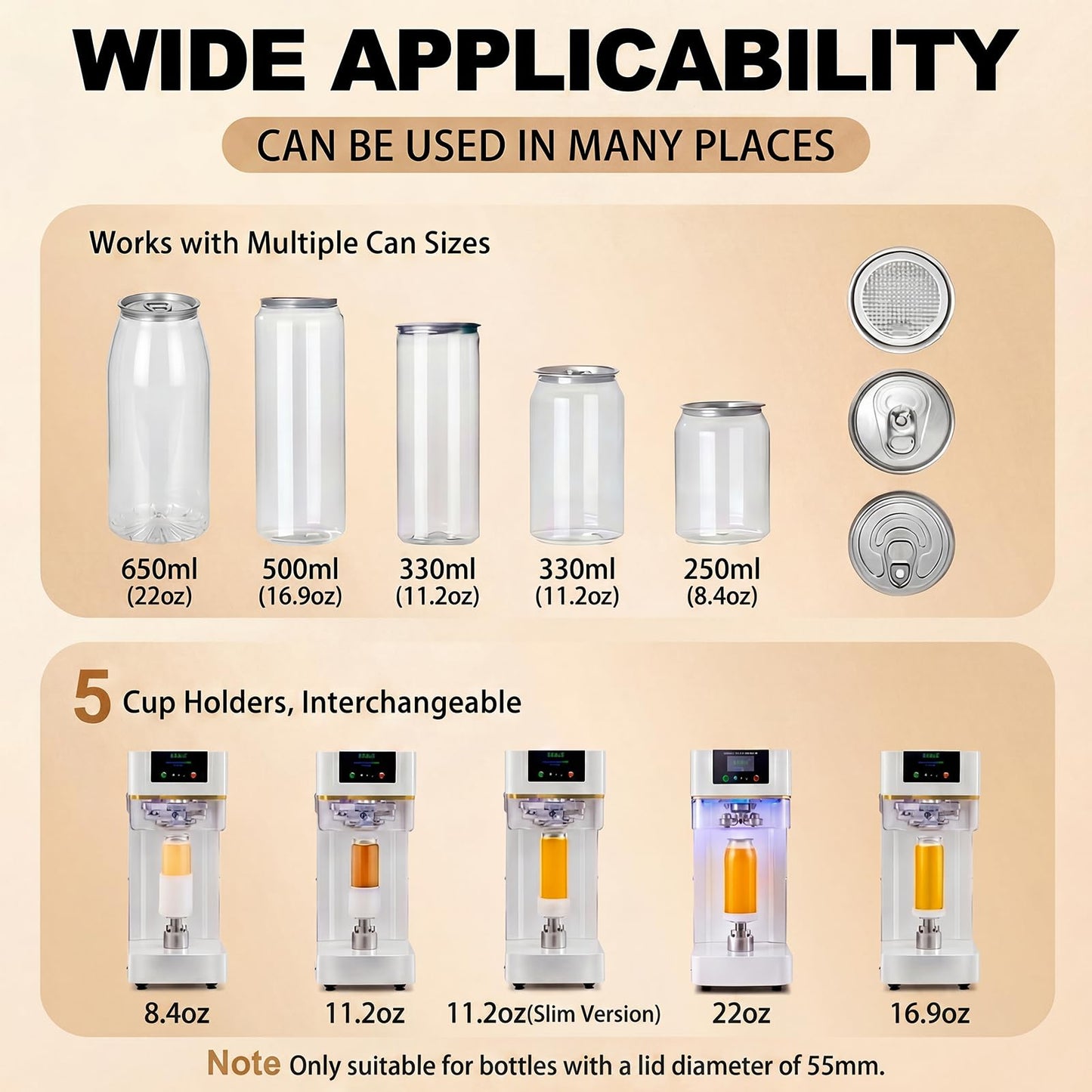 Commercial Can Sealer Machine, Automatic 202# (55mm) Soda Can Sealing Machine with 5 Can Holder Sets for Aluminum & Plastic Cans, Heavy-Duty Beverage Can Sealer for Caffee &bubble tea Shops,Black