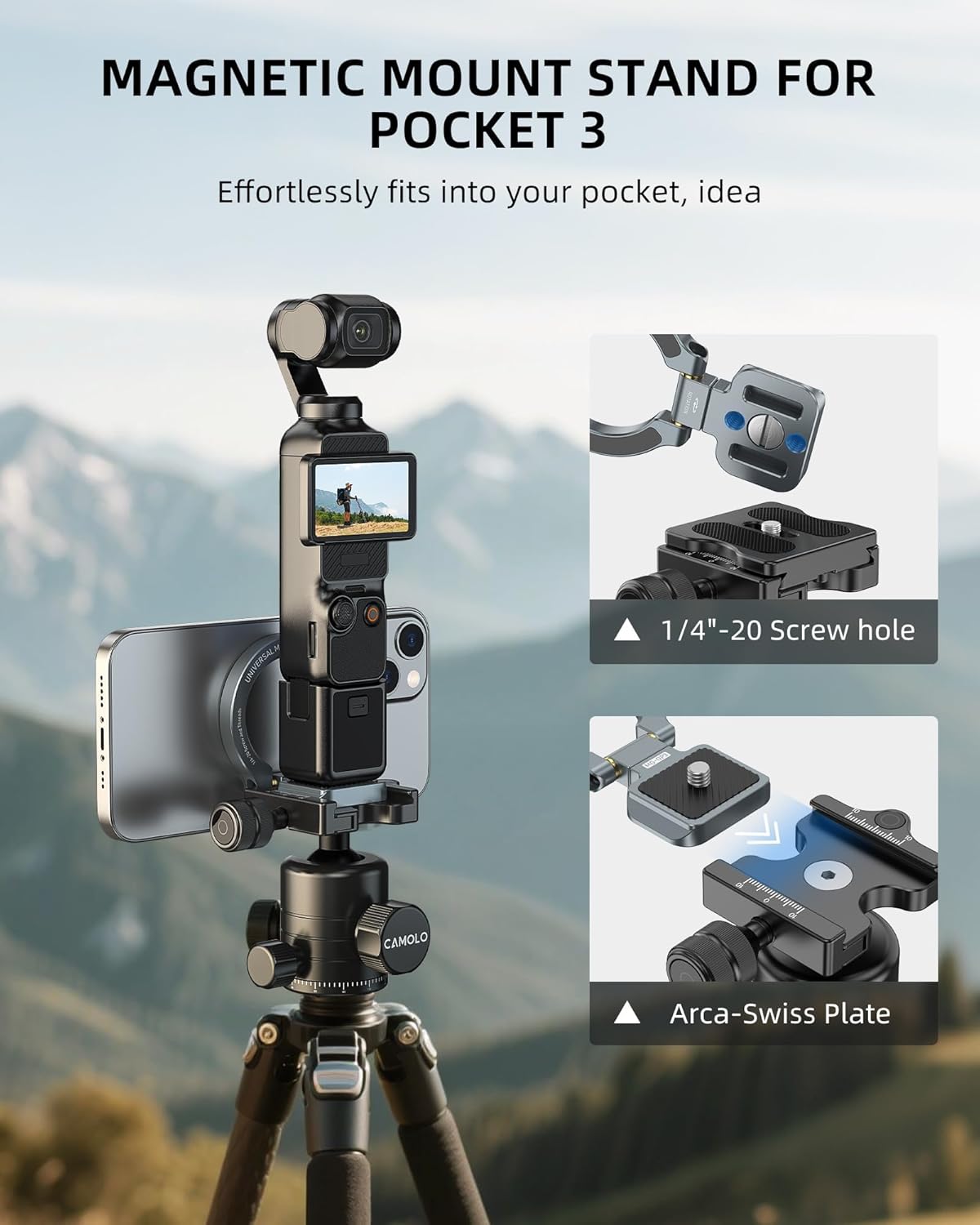 CAMOLO GEEK 3, MG-OP3 Pocket3 1/4-20, Magnetic Mount Stand Compatible with DJI Osmo Pocket Adapter Magnet Expansion