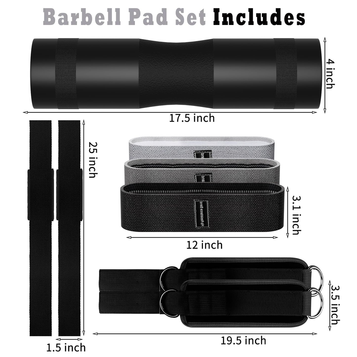 10 PCS Barbell Pad Set for Squat, Hip Thrusts Pad for Squats,Bench Press with Barbell Pad, 2 Gym Ankle Straps,3 Hip Resistance Bands,Lifting Strap,Workout Poster Gym Equipment Accessories（Black）