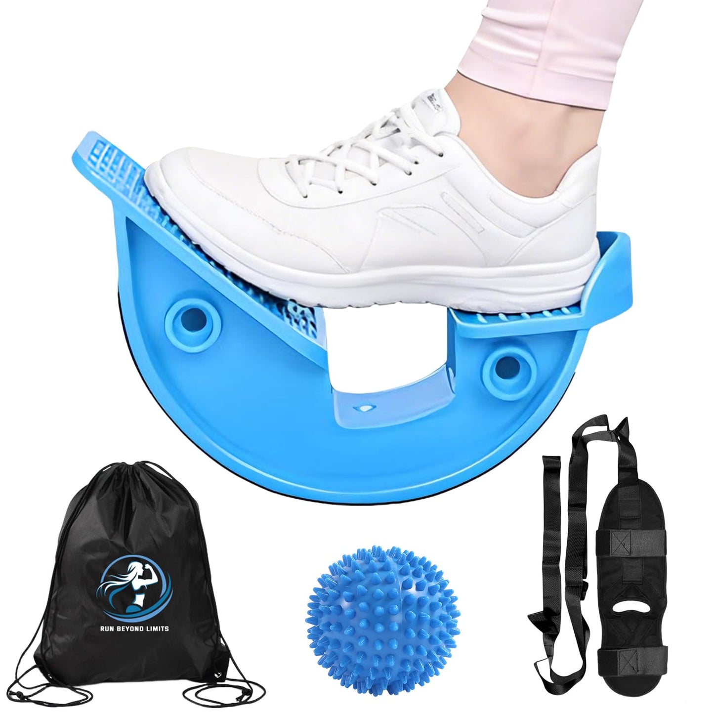 JIURUN Calf Stretcher and Foot Rocker for Plantar Fasciitis - Leg Stretching Strap, Hamstring and Calf Stretcher, Suitable for Stretching Legs and Thighs (Blue)