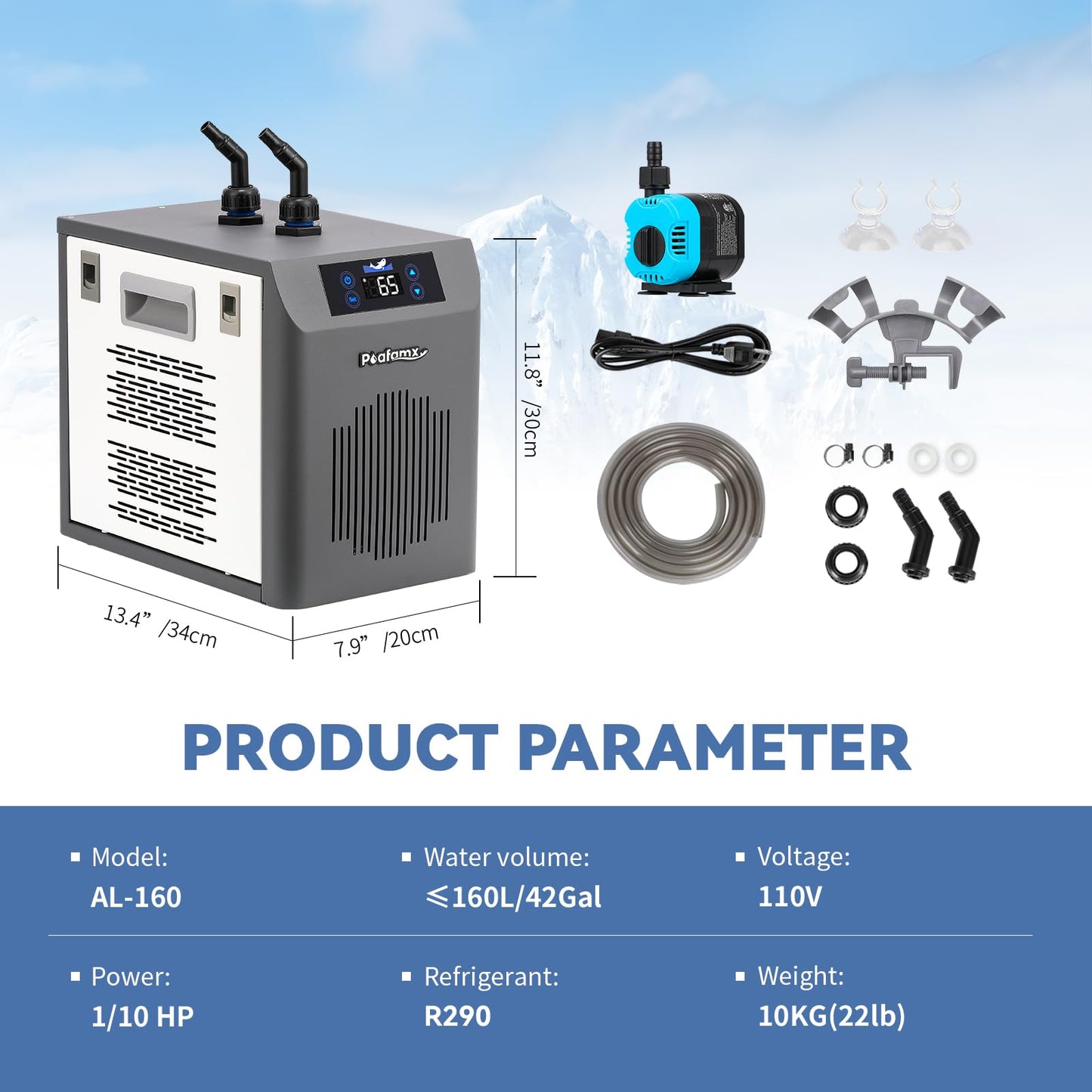 [New Upgrade] Poafamx Aquarium Chiller 42Gal Water Chiller for Fish Tank 1/10 HP Aquarium Cooler with Touch Screen Quiet Refrigeration Compressor Saltwater Freshwater for Fish Axolotl Hydroponic Coral