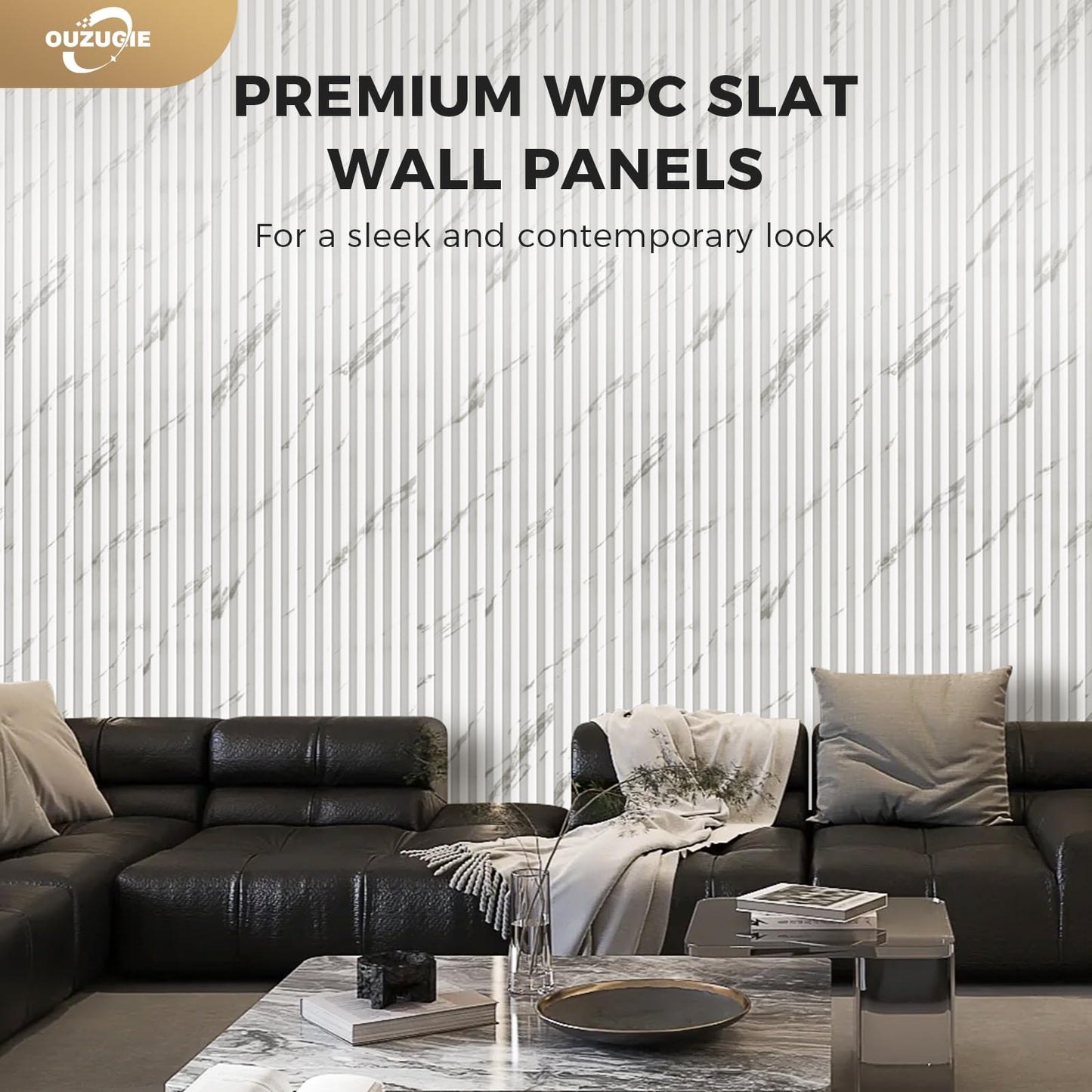 OUZUGIE WPC Acoustic Slat Wall Paneling, 8-Pack 96 x 6 Inches 3D Wall Panels for Interior Wall Decor,Living Room,TV Background,Study Room,Office Spaces,Bedroom,High Grille (White)
