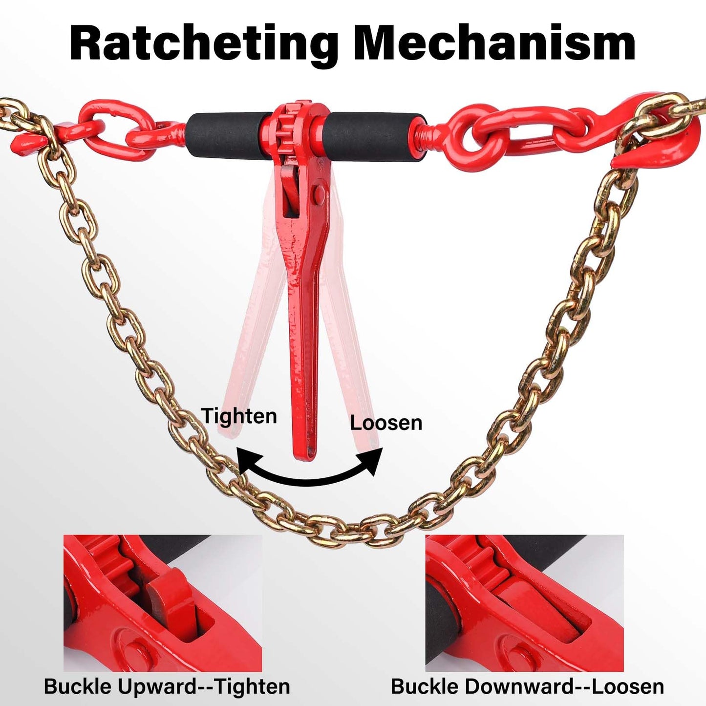Lechansen Chain Binders Ratcheting 5/16”-3/8” with Grab Hooks 5,400 LBS Secure Working Load, Adjustable Length Heavy Duty Ratchet Binders for Grade 70-80 Chains, Towing, Tie Down, Hauling, 4 Pack