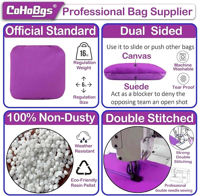 CoHoBgs Corn Hole Bags Set 8, Professional Cornhole Bags Dual-Sided Slick & Stick Resin Filled Suede and Duck Canvas Bean Bag for Cornhole Game Includes Carry Case