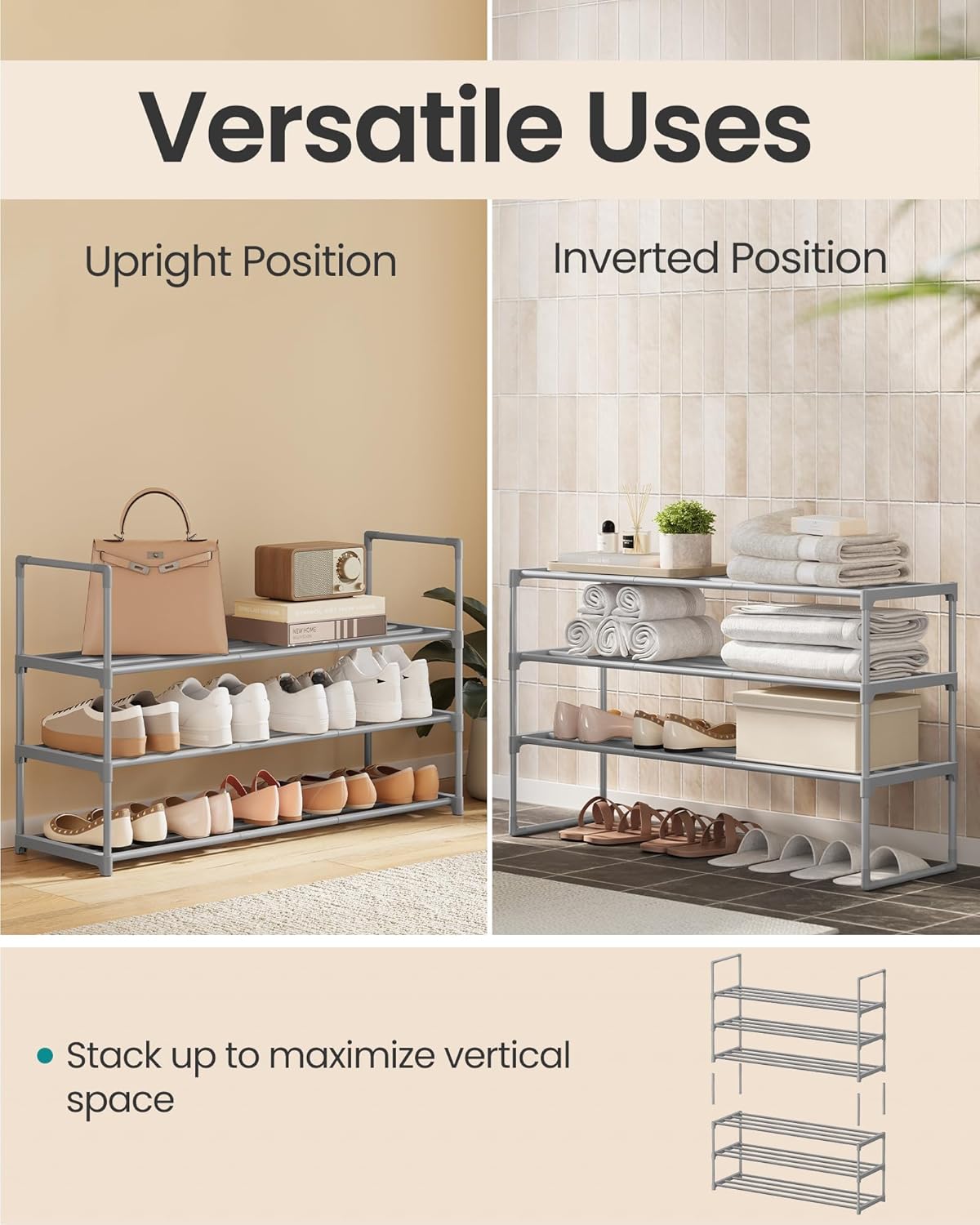SONGMICS 3-Tier Shoe Rack - Stackable Metal Organizer for 16-20 Pairs | Gray, 11.8 x 36.2 x 21.7 Inches